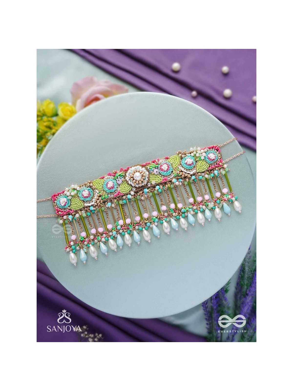 MANJUSUMANA - BEAUTIFUL BLOSSOM - BEADS, SEQUINS AND PEARL DROPS HAND EMBROIDERED CHOKER NECKPIECE