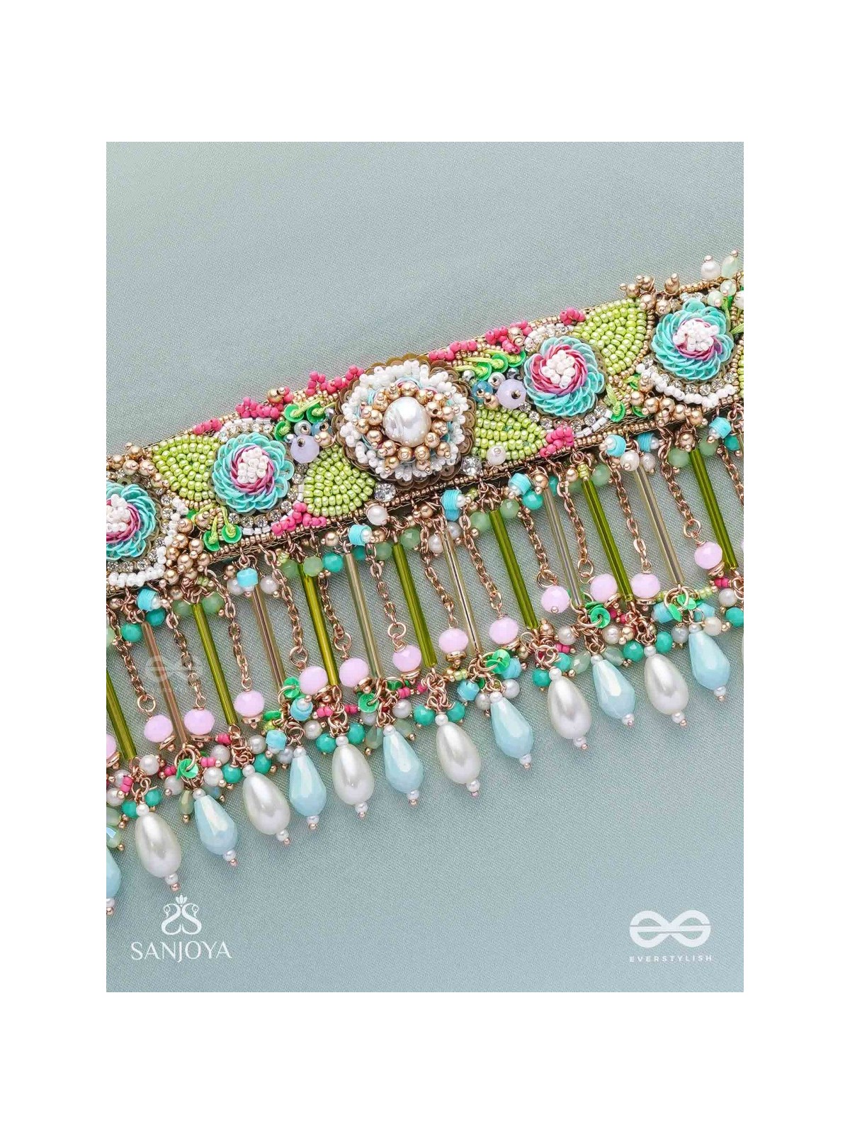 MANJUSUMANA - BEAUTIFUL BLOSSOM - BEADS, SEQUINS AND PEARL DROPS HAND EMBROIDERED CHOKER NECKPIECE