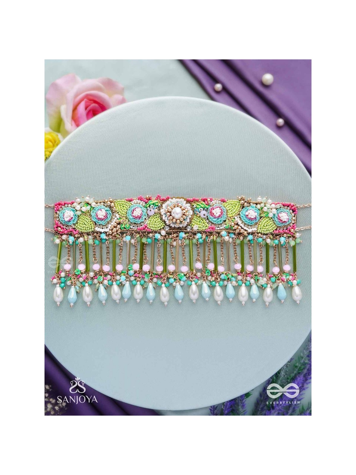 MANJUSUMANA - BEAUTIFUL BLOSSOM - BEADS, SEQUINS AND PEARL DROPS HAND EMBROIDERED CHOKER NECKPIECE