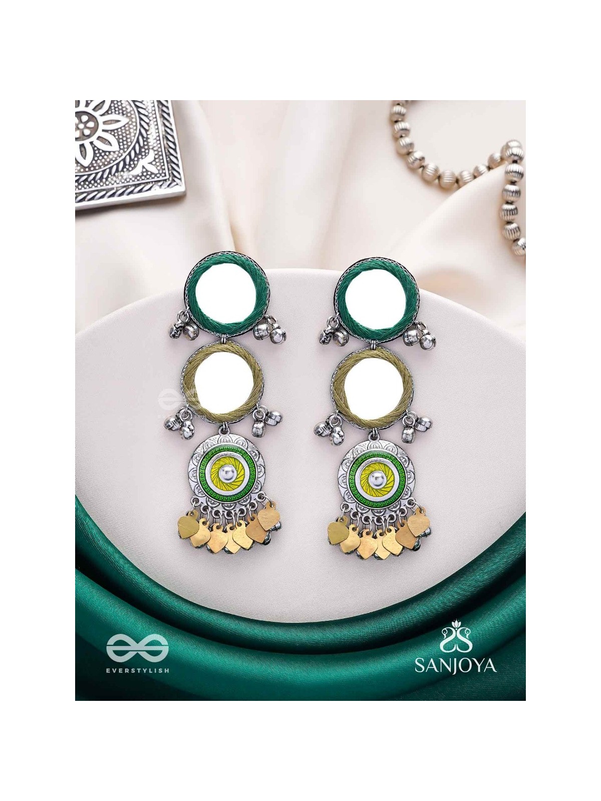 Abhatih - The Dancing Reflections - Mirrors, Resham And Beads Hand Embroidered Enamelled Oxidised Earrings 