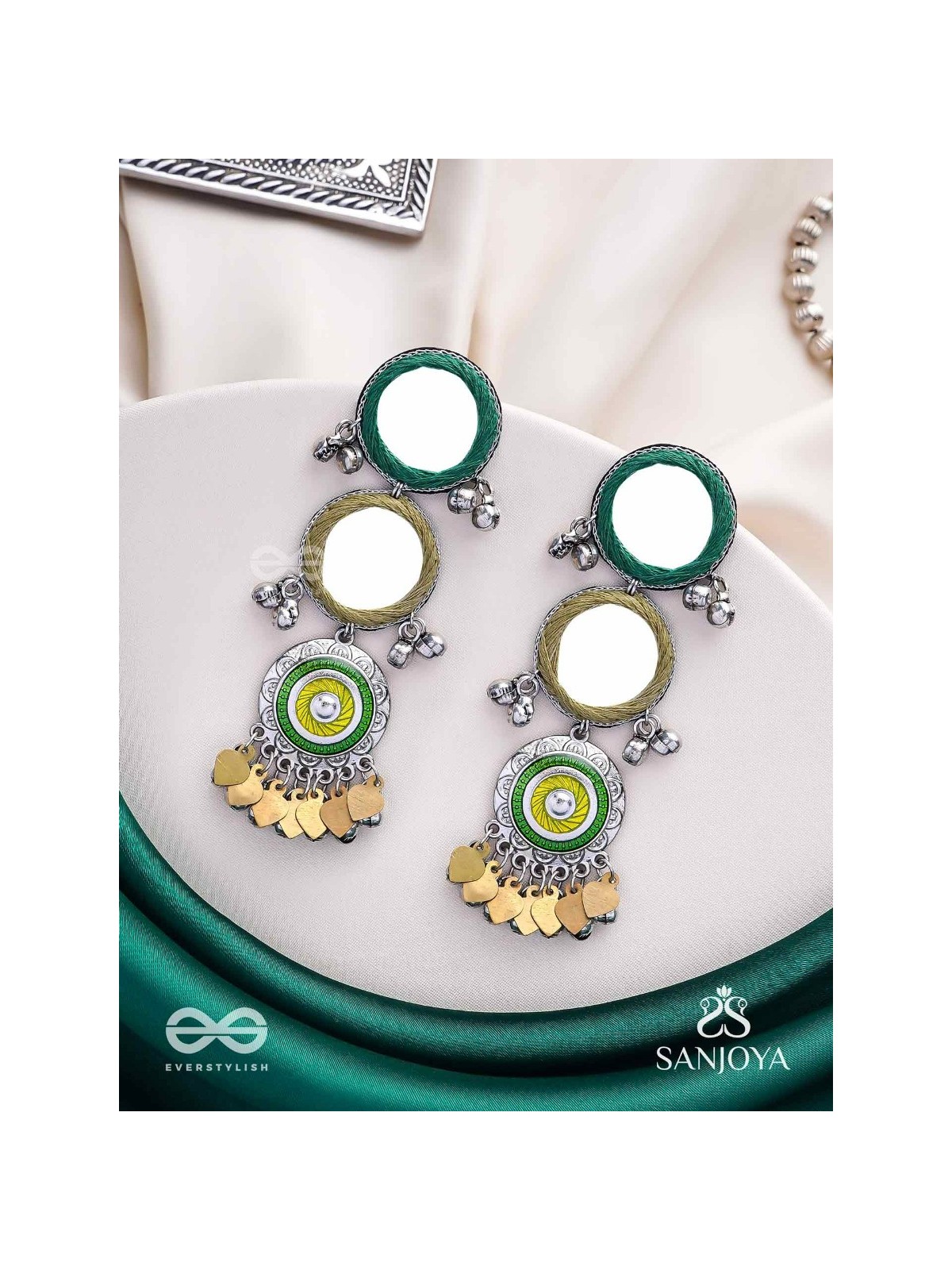 Abhatih - The Dancing Reflections - Mirrors, Resham And Beads Hand Embroidered Enamelled Oxidised Earrings 