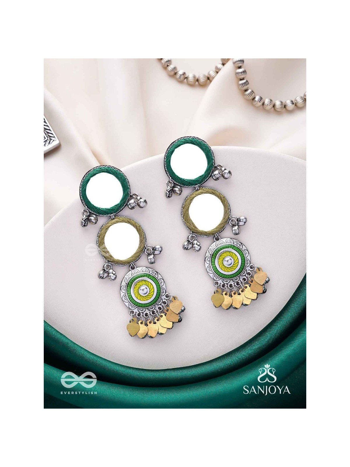 Abhatih - The Dancing Reflections - Mirrors, Resham And Beads Hand Embroidered Enamelled Oxidised Earrings 