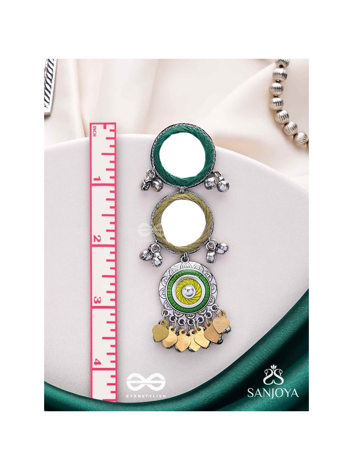 Abhatih - The Dancing Reflections - Mirrors, Resham And Beads Hand Embroidered Enamelled Oxidised Earrings 