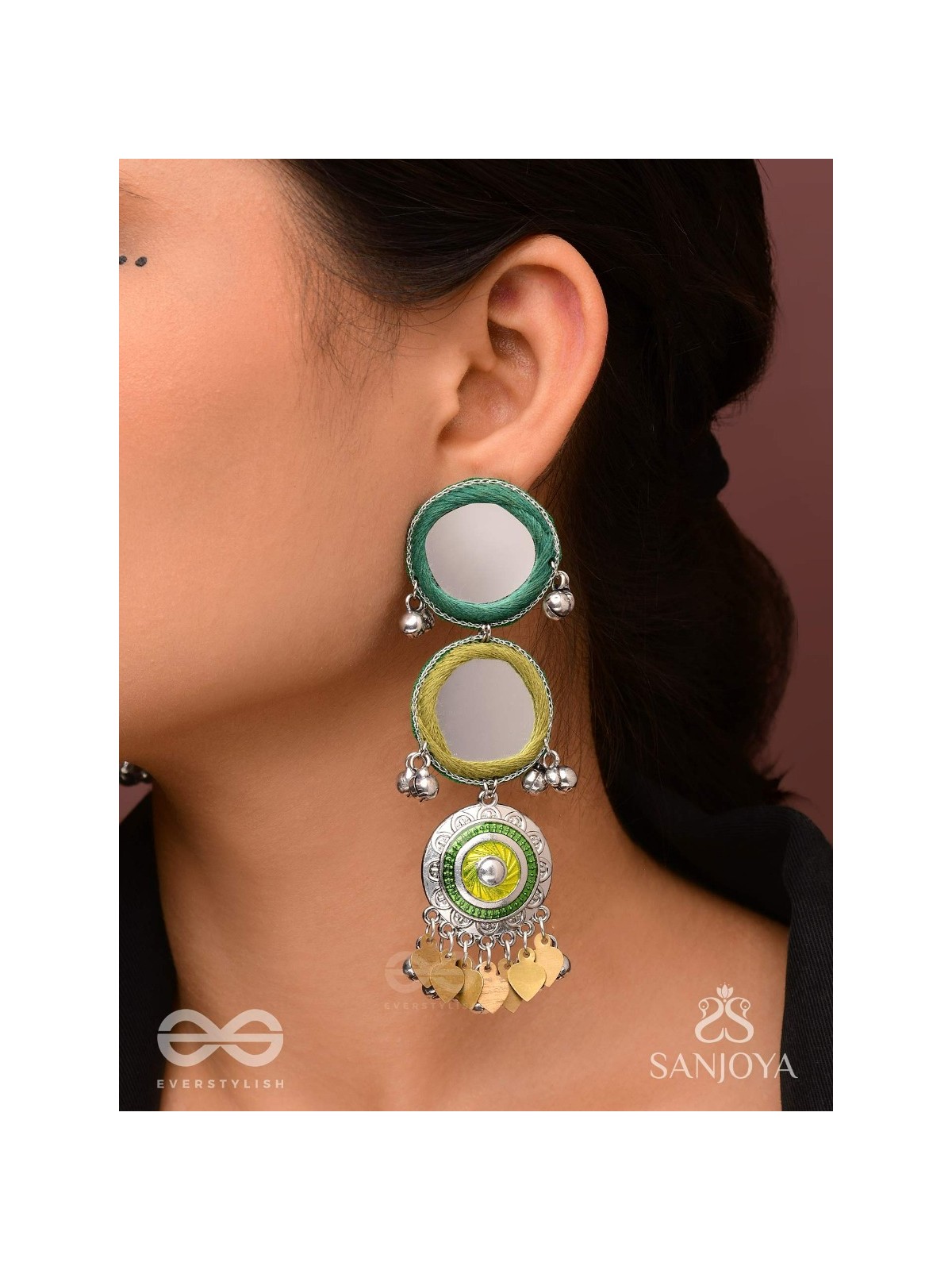 Abhatih - The Dancing Reflections - Mirrors, Resham And Beads Hand Embroidered Enamelled Oxidised Earrings 