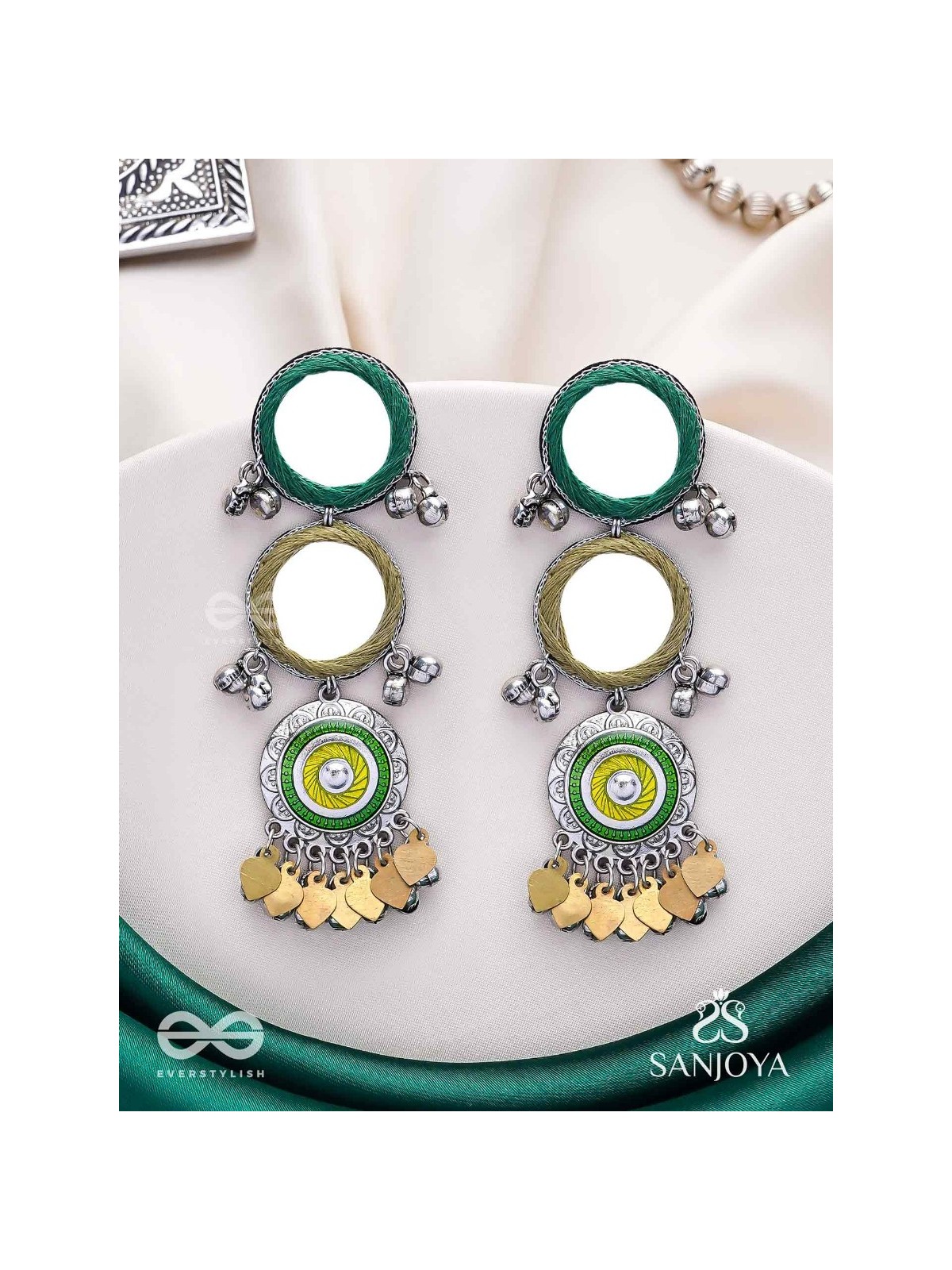 Abhatih - The Dancing Reflections - Mirrors, Resham And Beads Hand Embroidered Enamelled Oxidised Earrings 