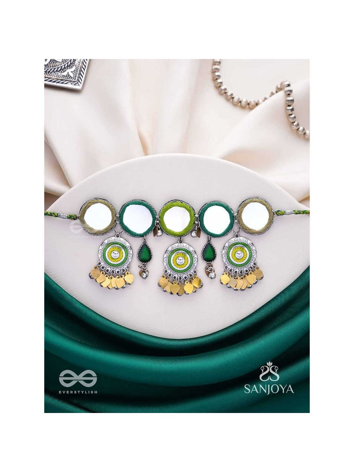 Manidarpan - The Musical Mirrors - Mirrors, Resham And Beads Hand Embroidered Enamelled Oxidised Choker Neckpiece