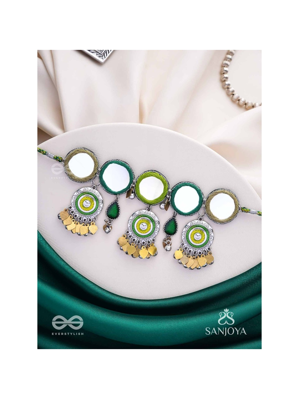 Manidarpan - The Musical Mirrors - Mirrors, Resham And Beads Hand Embroidered Enamelled Oxidised Choker Neckpiece