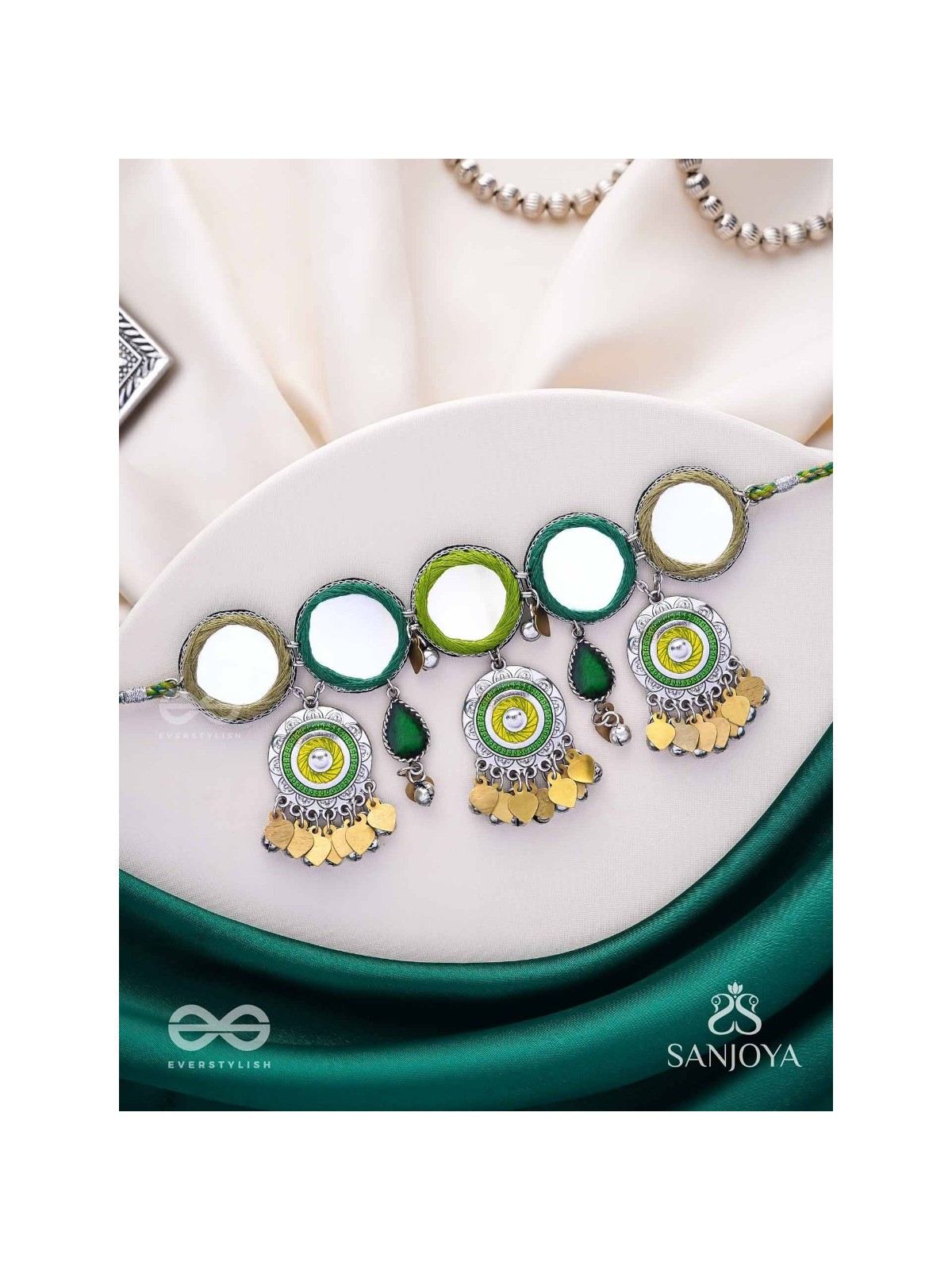 Manidarpan - The Musical Mirrors - Mirrors, Resham And Beads Hand Embroidered Enamelled Oxidised Choker Neckpiece