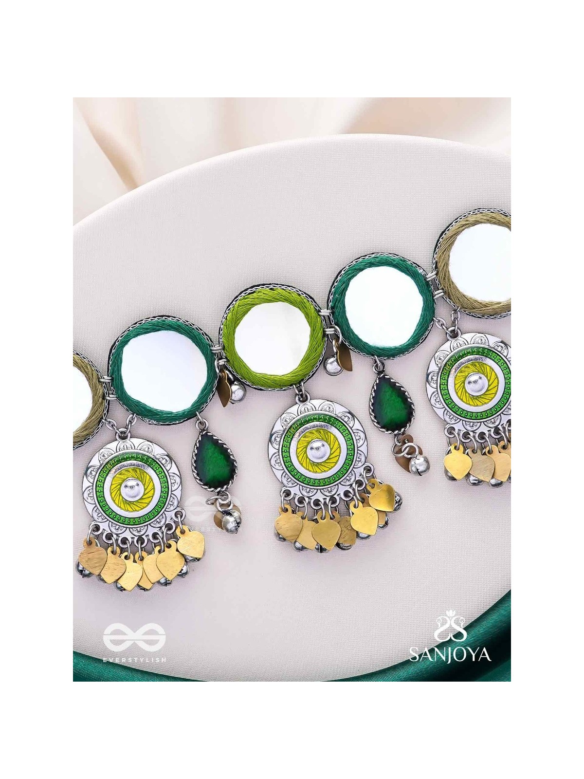 Manidarpan - The Musical Mirrors - Mirrors, Resham And Beads Hand Embroidered Enamelled Oxidised Choker Neckpiece