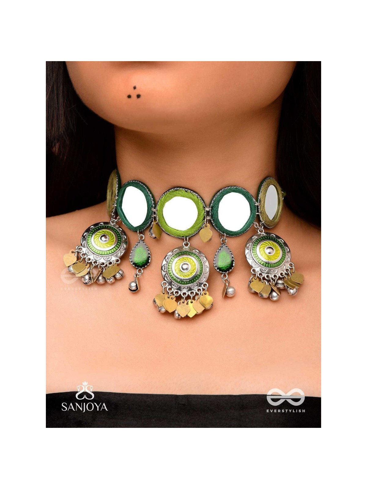Manidarpan - The Musical Mirrors - Mirrors, Resham And Beads Hand Embroidered Enamelled Oxidised Choker Neckpiece