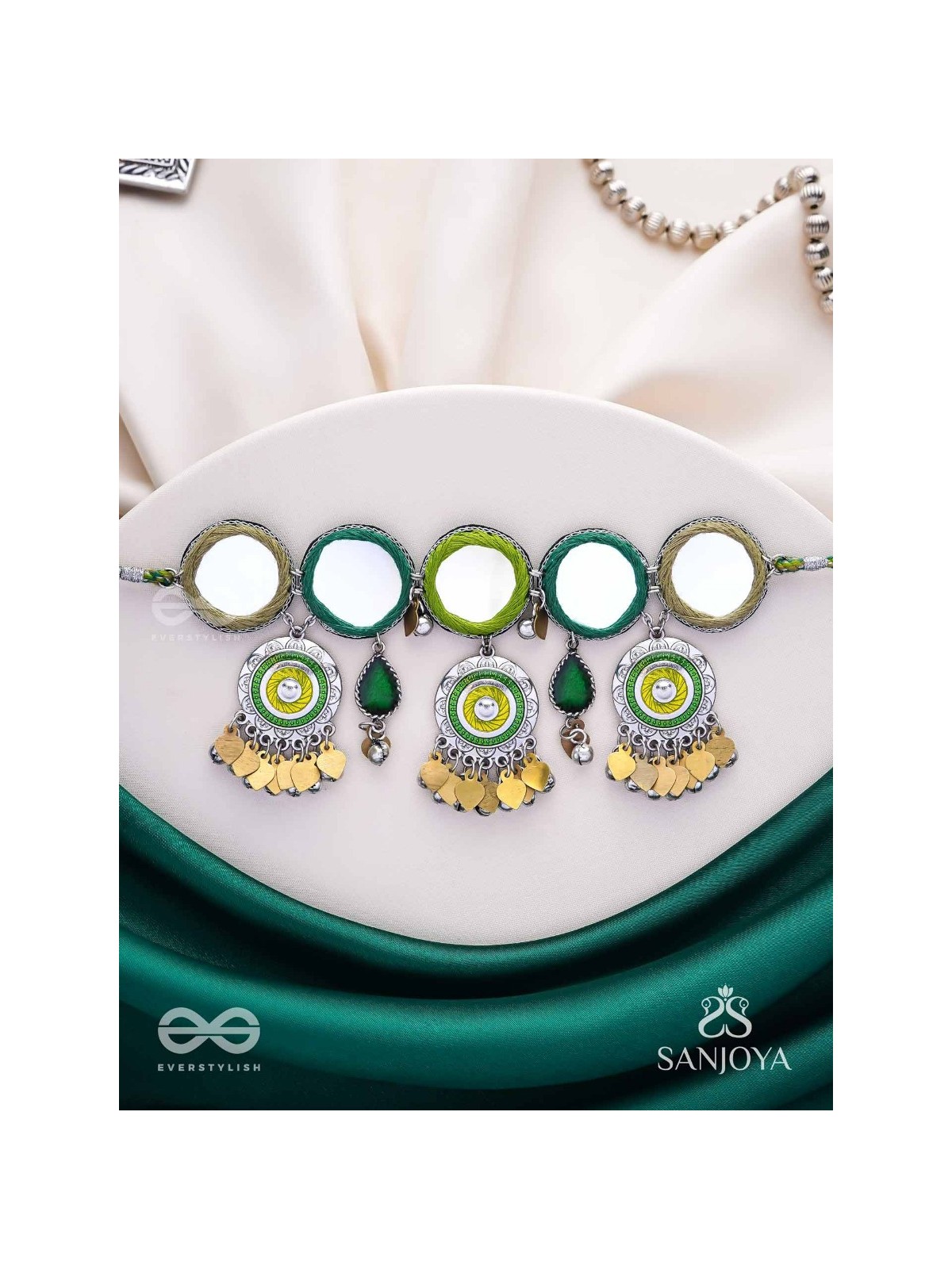 Manidarpan - The Musical Mirrors - Mirrors, Resham And Beads Hand Embroidered Enamelled Oxidised Choker Neckpiece