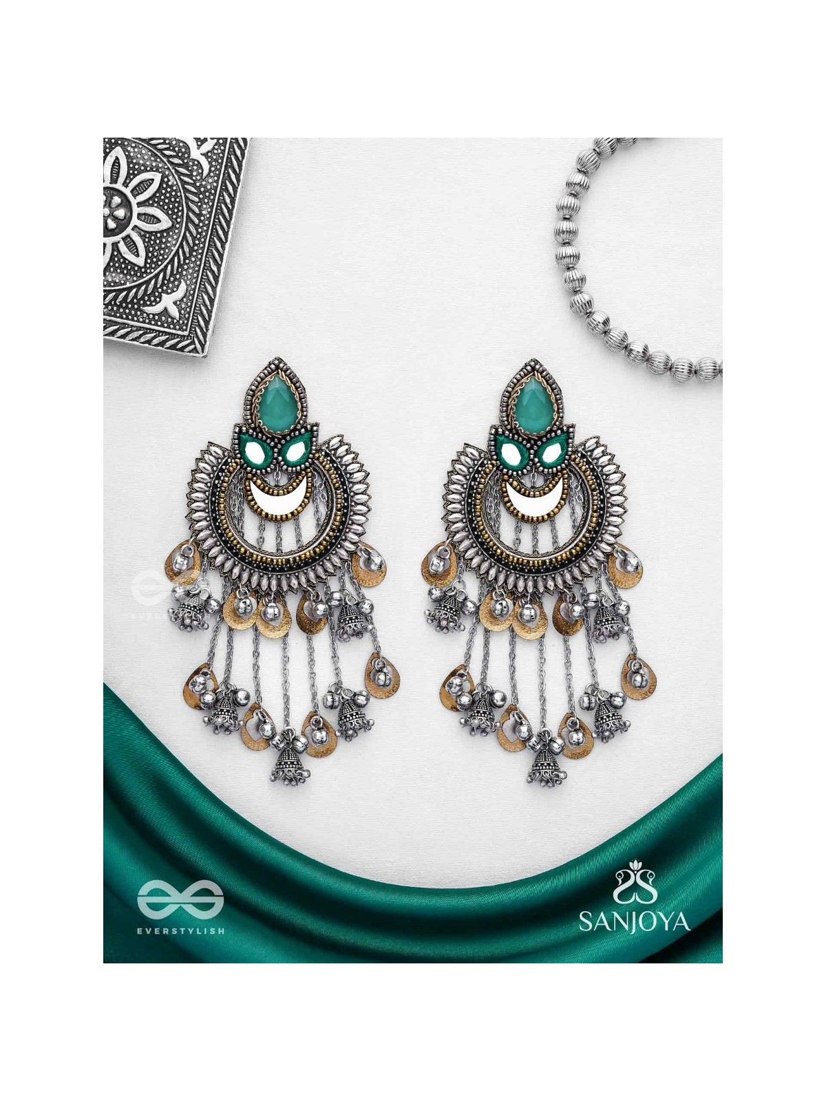 Ashtri - Deep in The Woods - Stone, Mirrors And Beads Hand Embroidered Oxidised Earrings