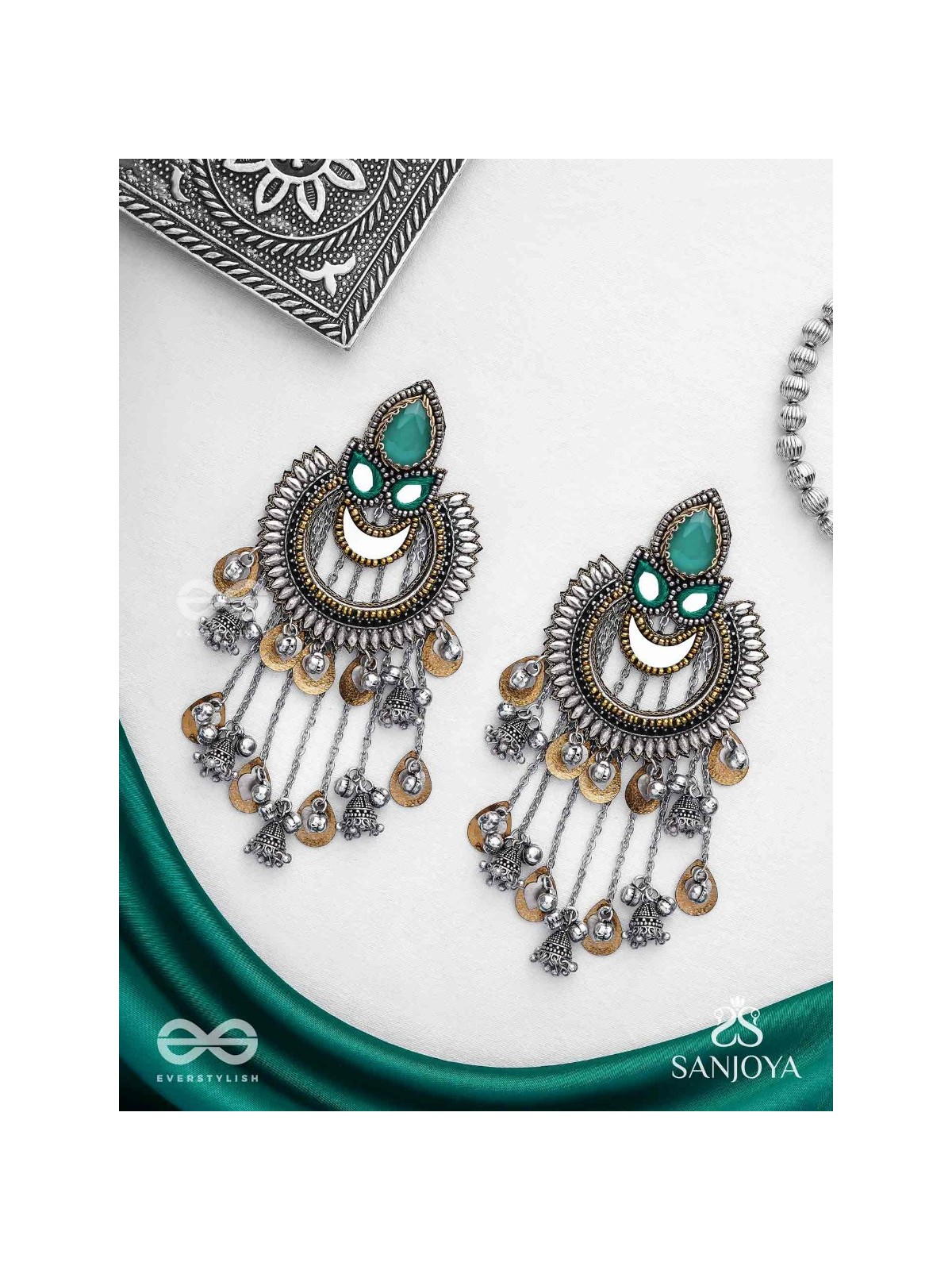 Ashtri - Deep in The Woods - Stone, Mirrors And Beads Hand Embroidered Oxidised Earrings