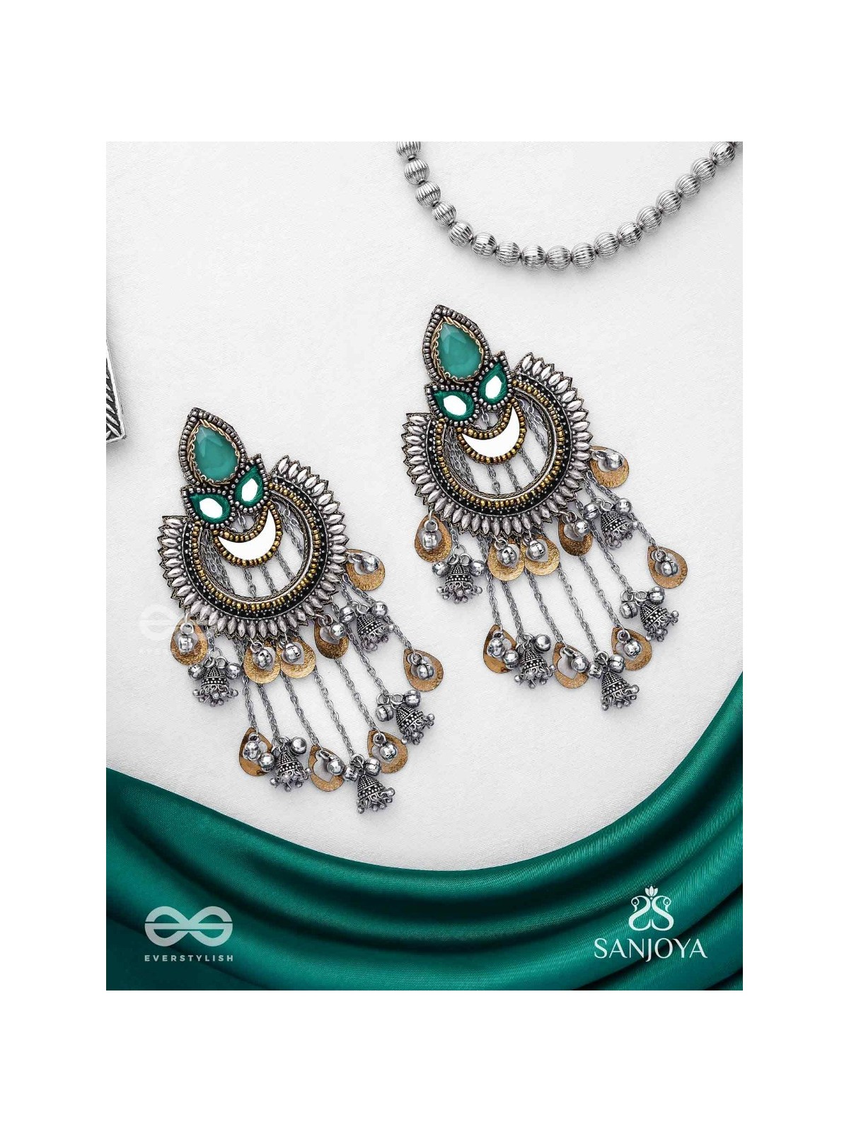 Ashtri - Deep in The Woods - Stone, Mirrors And Beads Hand Embroidered Oxidised Earrings