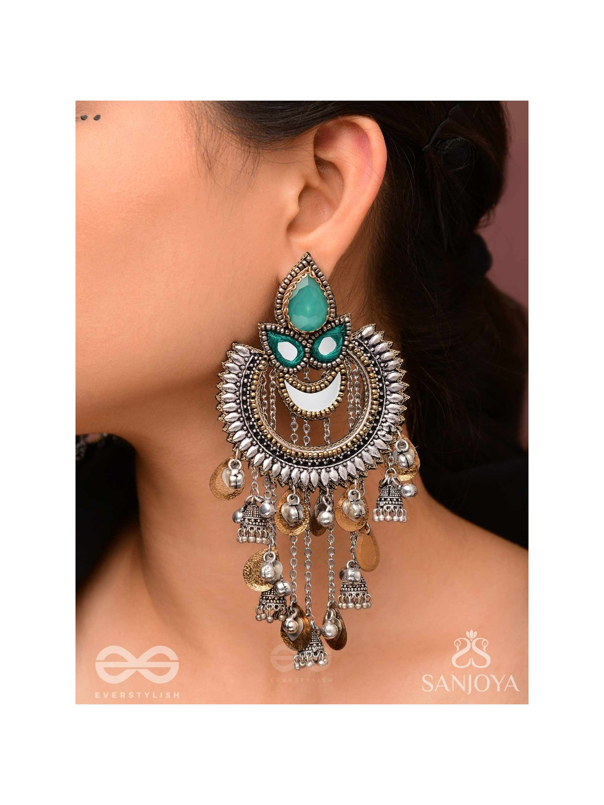 Ashtri - Deep in The Woods - Stone, Mirrors And Beads Hand Embroidered Oxidised Earrings