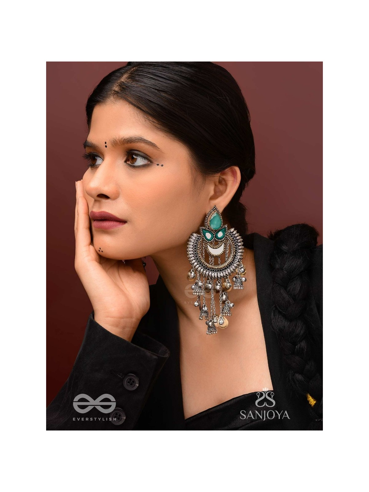 Ashtri - Deep in The Woods - Stone, Mirrors And Beads Hand Embroidered Oxidised Earrings