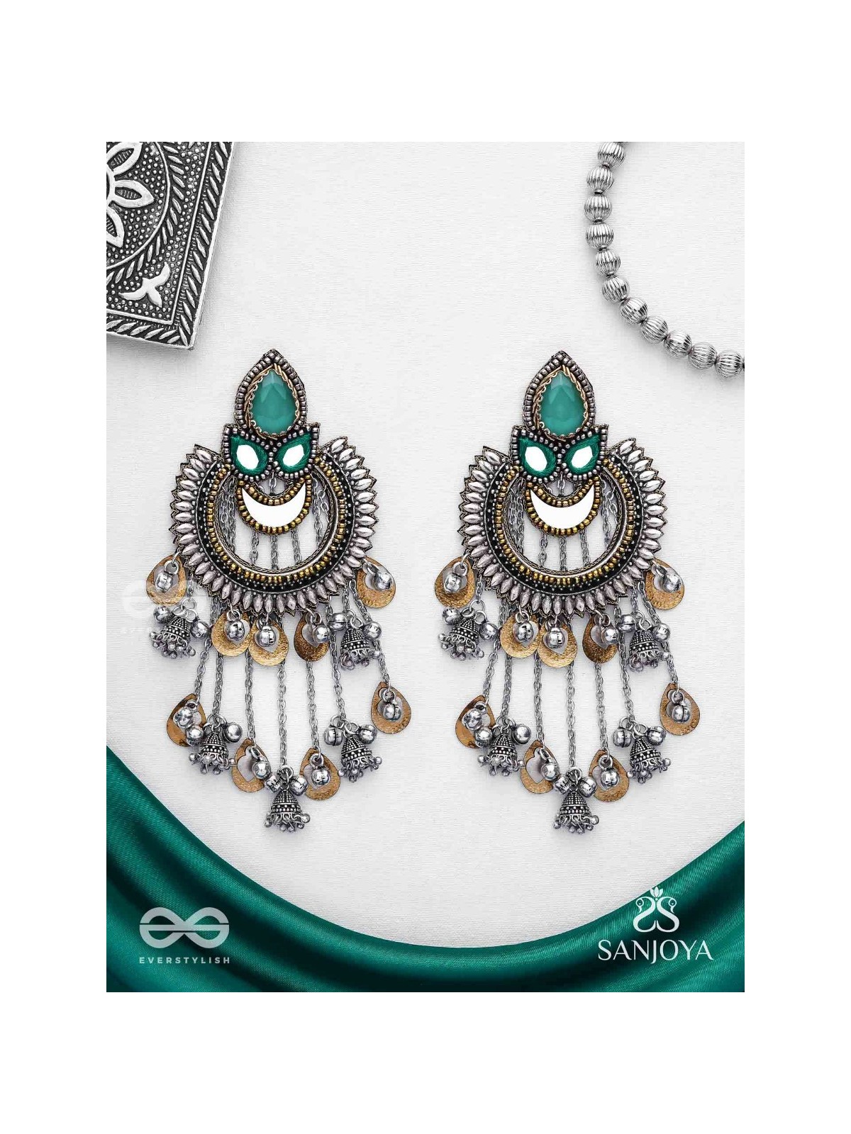 Ashtri - Deep in The Woods - Stone, Mirrors And Beads Hand Embroidered Oxidised Earrings