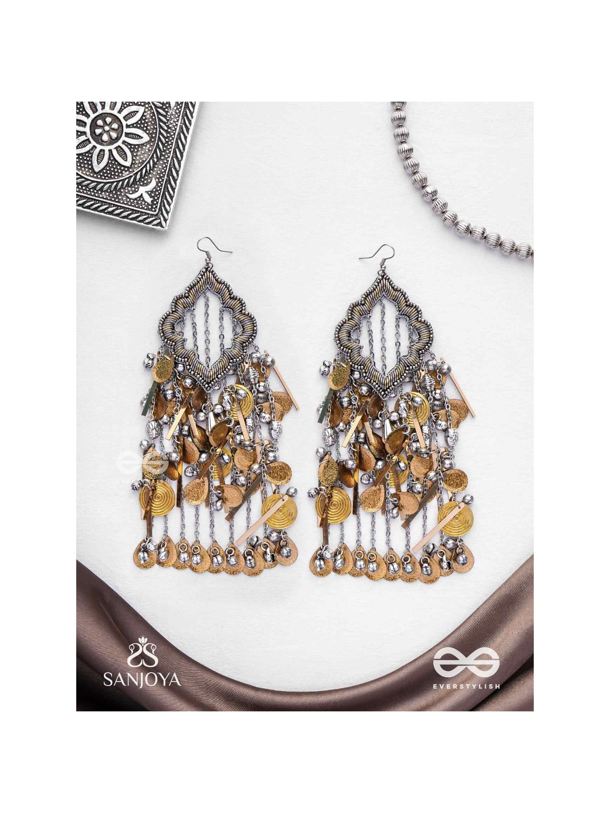 Avyathishi - The Earth Sung Music - Beads, Dabka And Coins Hand Embroidered Oxidised Earrings