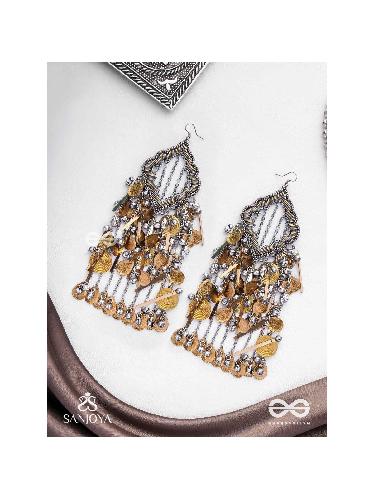 Avyathishi - The Earth Sung Music - Beads, Dabka And Coins Hand Embroidered Oxidised Earrings