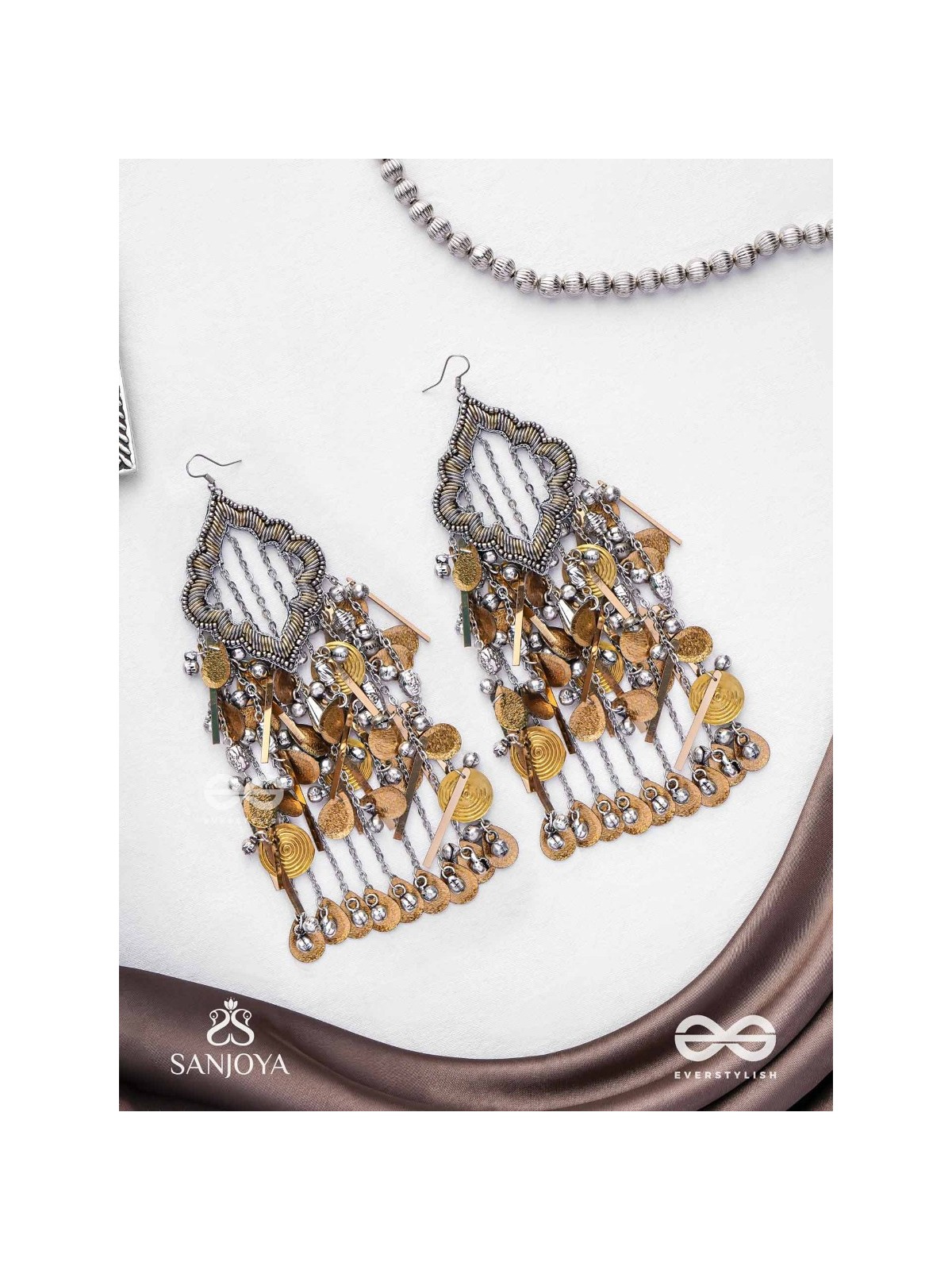 Avyathishi - The Earth Sung Music - Beads, Dabka And Coins Hand Embroidered Oxidised Earrings