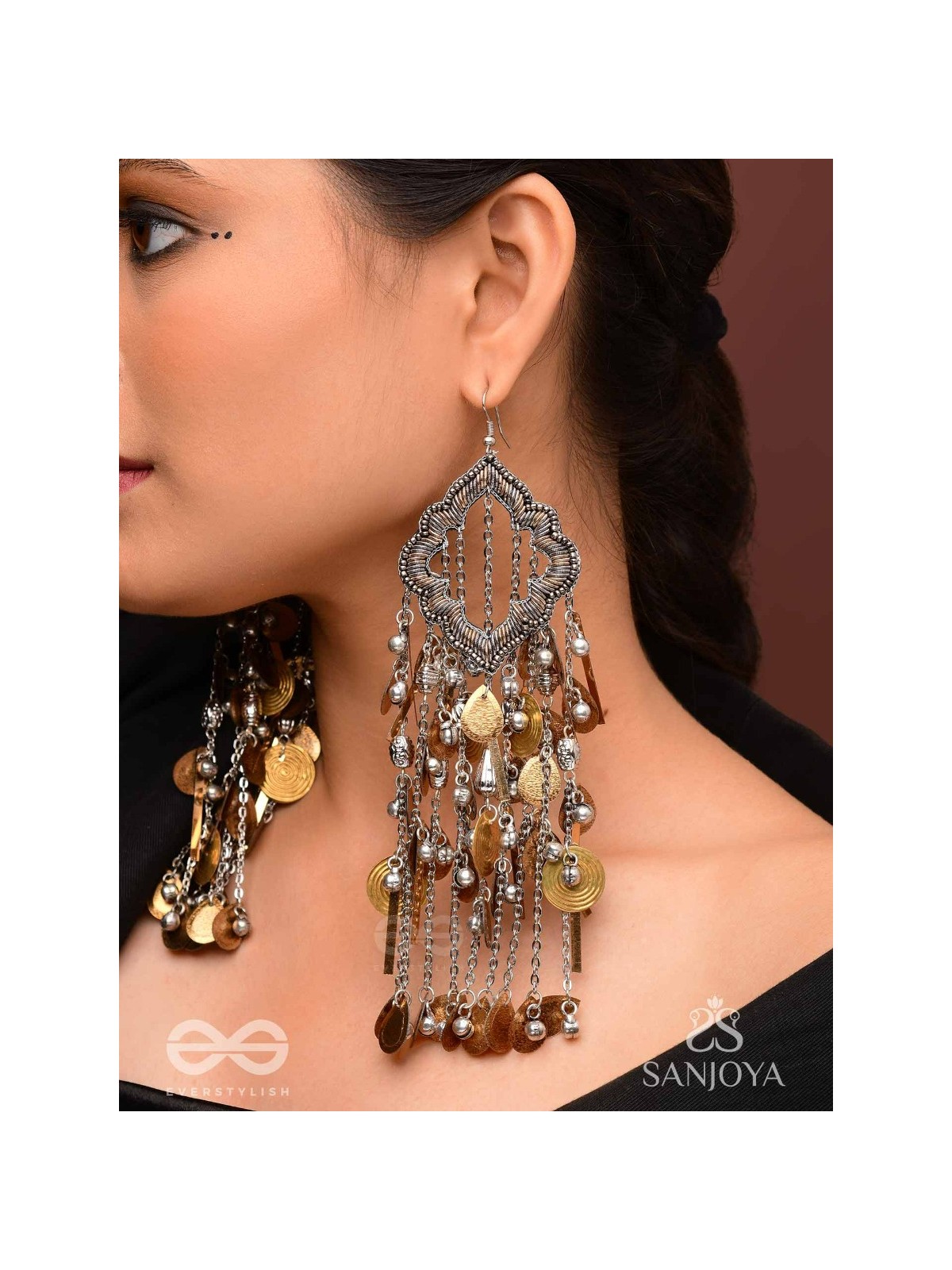 Avyathishi - The Earth Sung Music - Beads, Dabka And Coins Hand Embroidered Oxidised Earrings