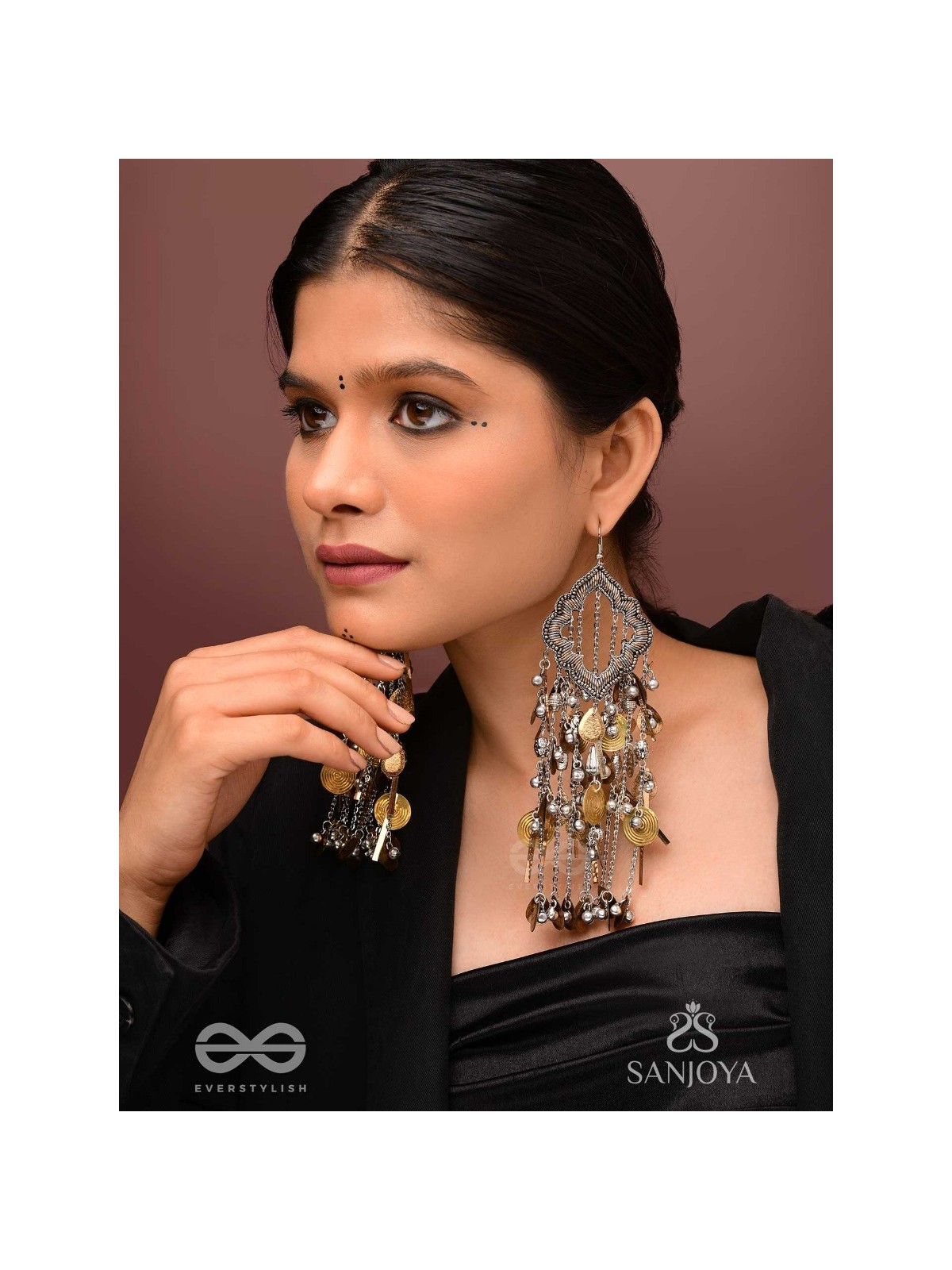 Avyathishi - The Earth Sung Music - Beads, Dabka And Coins Hand Embroidered Oxidised Earrings
