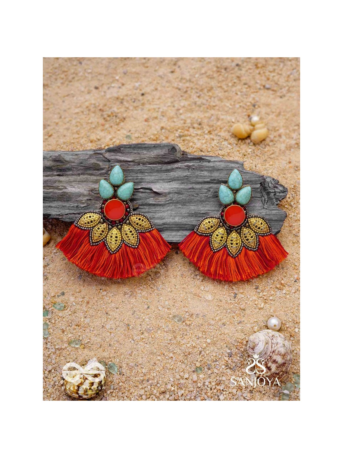 Prachim - The Earthen Treasures - Stones, Beads And Resham Hand Embroidered Earrings