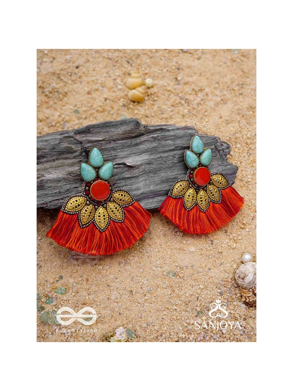 Prachim - The Earthen Treasures - Stones, Beads And Resham Hand Embroidered Earrings