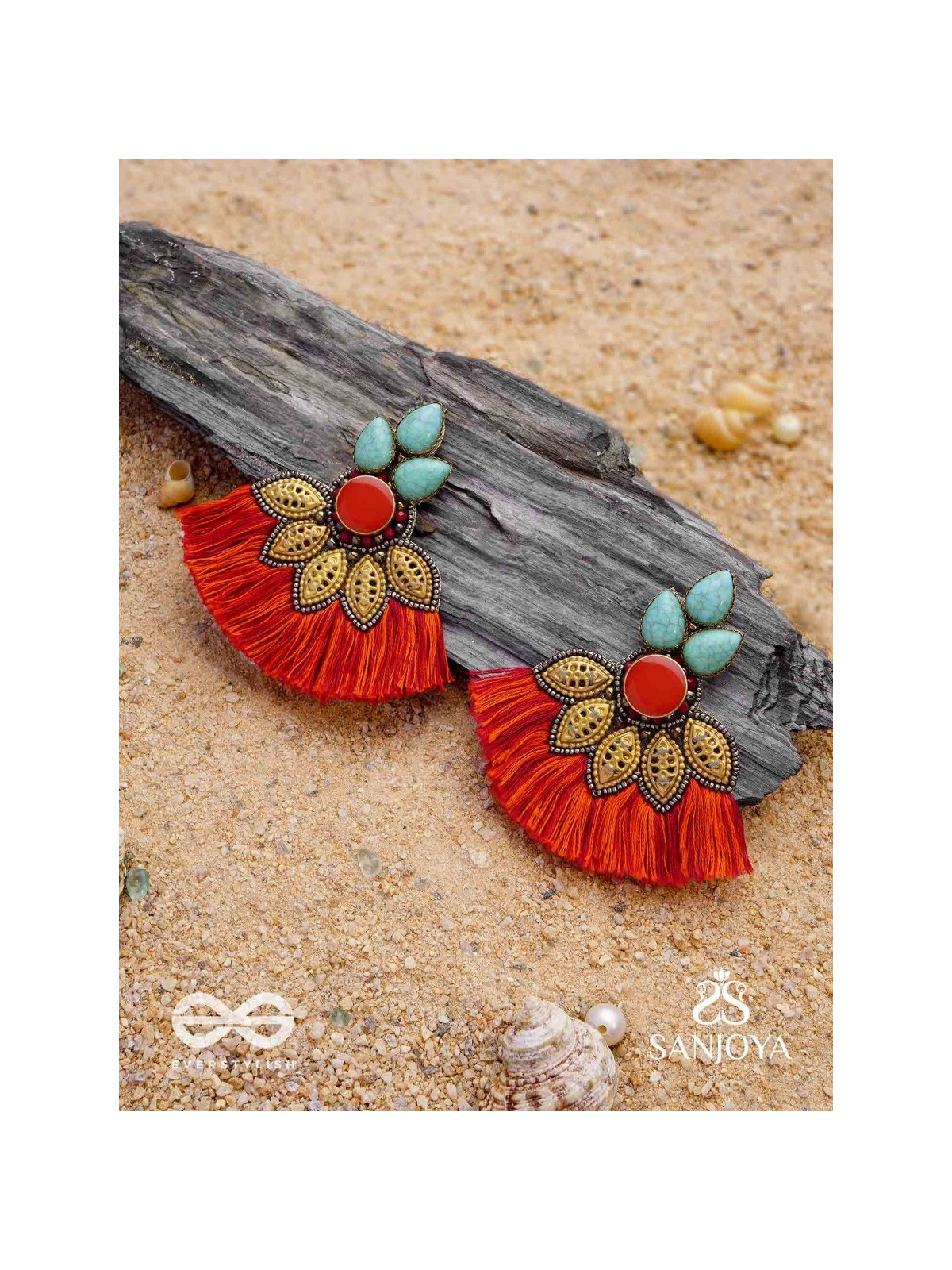 Prachim - The Earthen Treasures - Stones, Beads And Resham Hand Embroidered Earrings