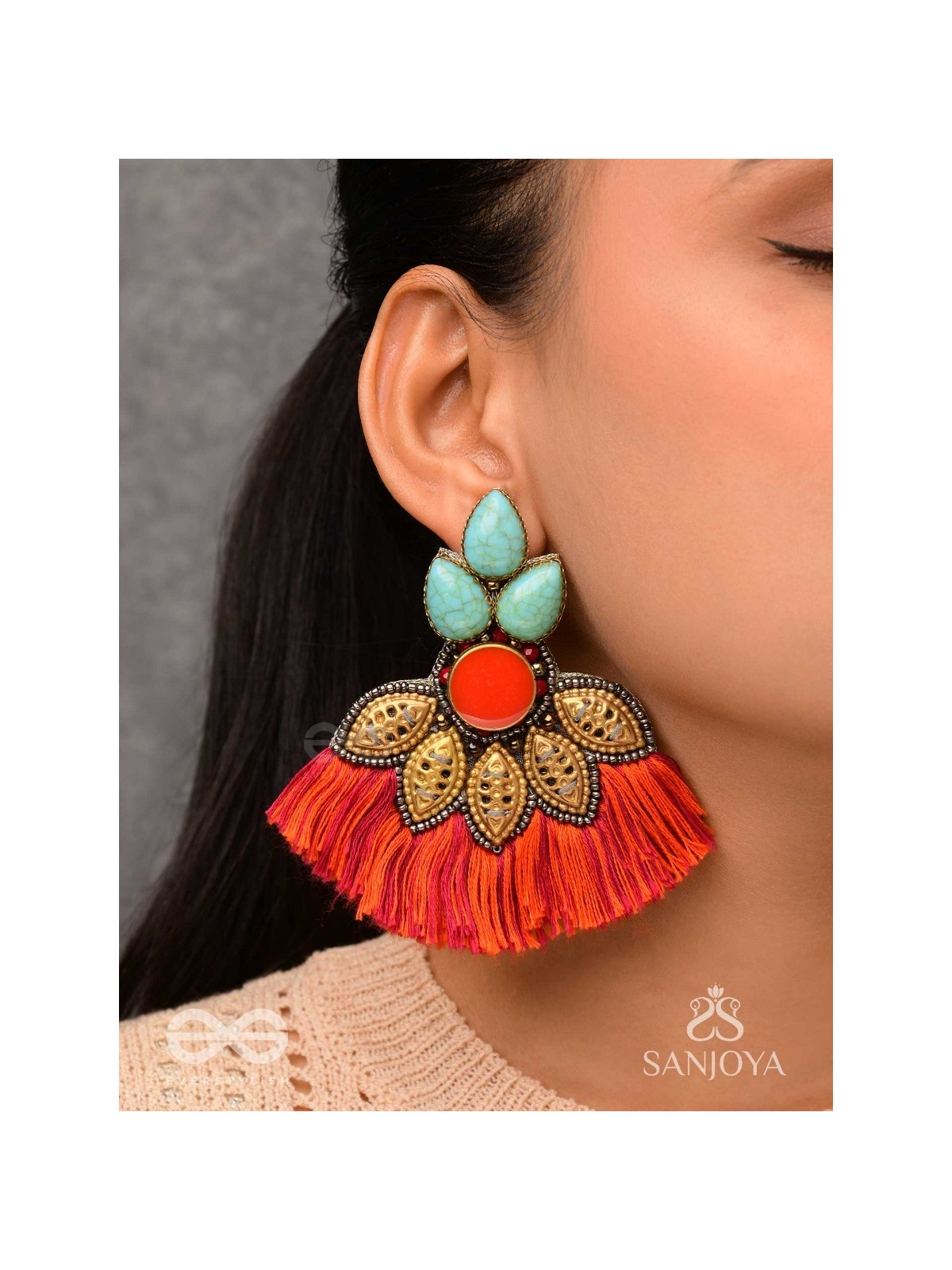 Prachim - The Earthen Treasures - Stones, Beads And Resham Hand Embroidered Earrings