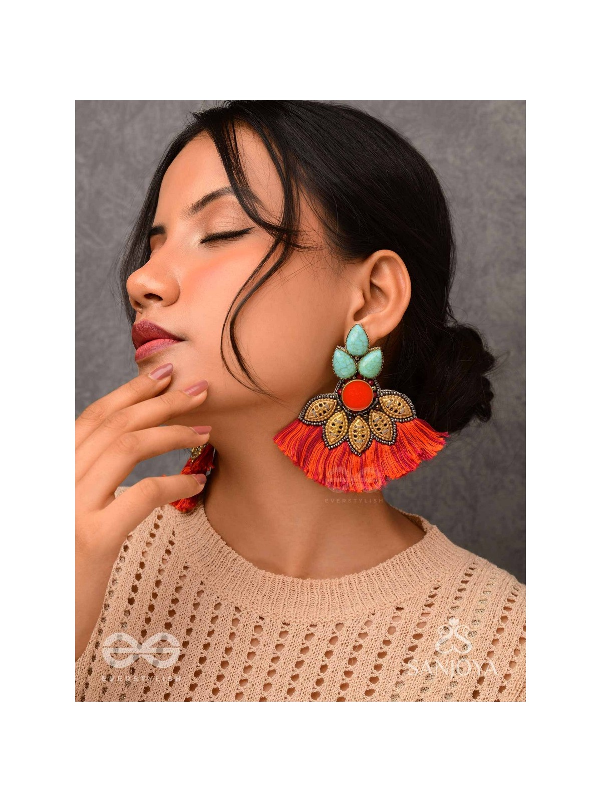 Prachim - The Earthen Treasures - Stones, Beads And Resham Hand Embroidered Earrings