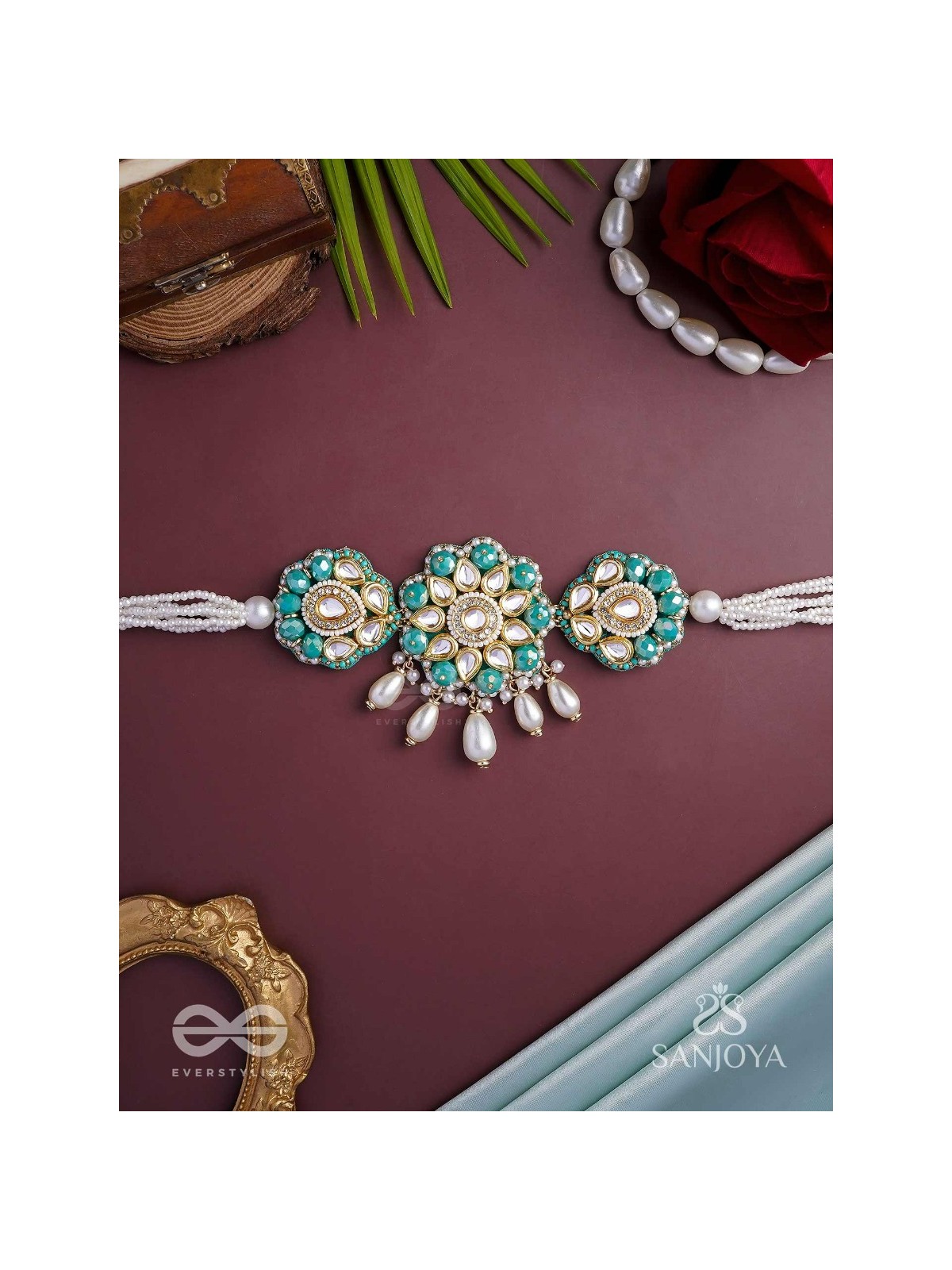 Maugdhya - The Treasured Innocence - Beads, Pearl Drops, Polki And Kundan Finished Hand Embroidered Choker Neckpiece