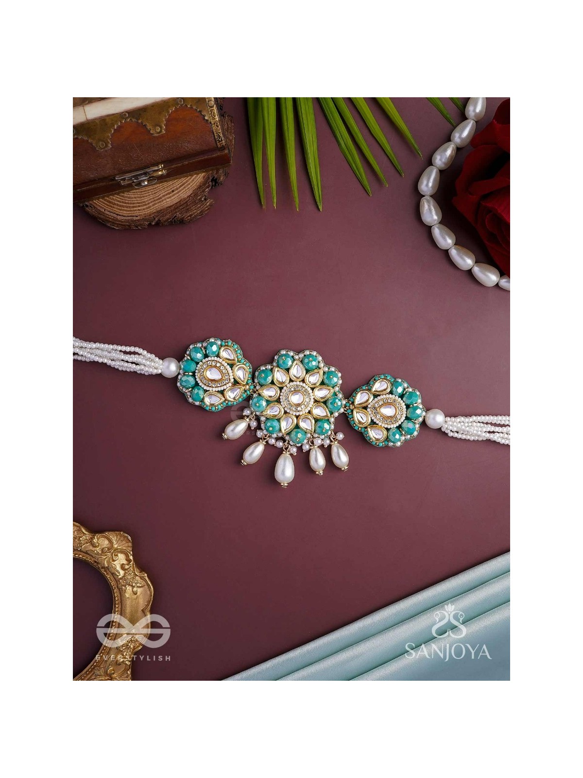 Maugdhya - The Treasured Innocence - Beads, Pearl Drops, Polki And Kundan Finished Hand Embroidered Choker Neckpiece