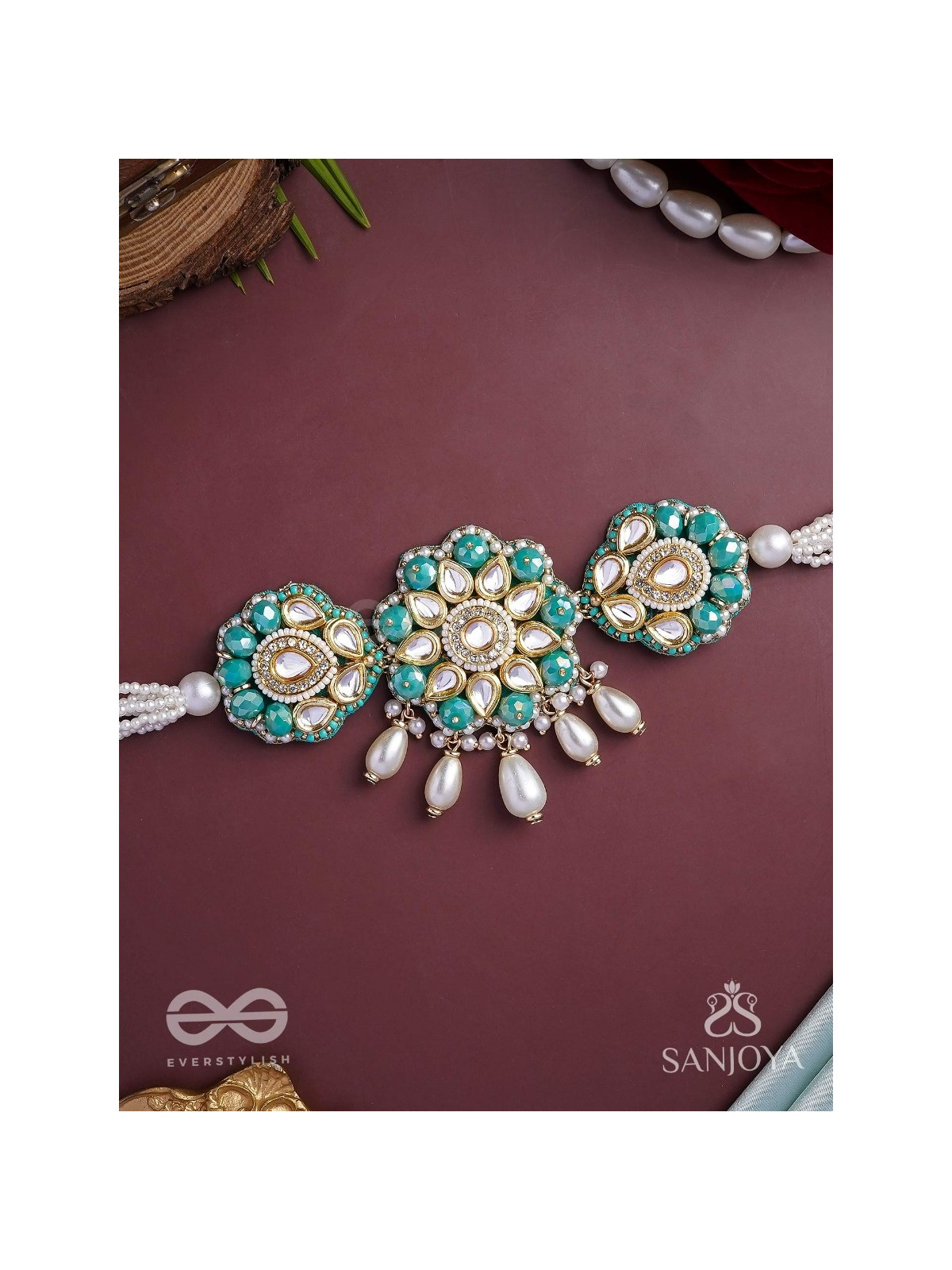 Maugdhya - The Treasured Innocence - Beads, Pearl Drops, Polki And Kundan Finished Hand Embroidered Choker Neckpiece