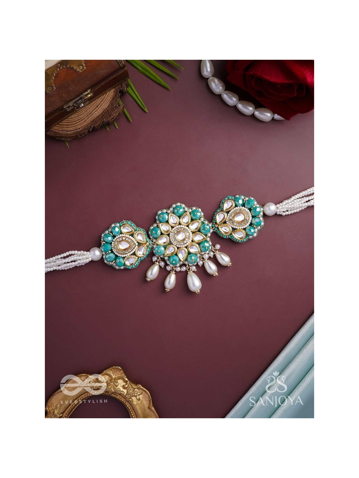 Maugdhya - The Treasured Innocence - Beads, Pearl Drops, Polki And Kundan Finished Hand Embroidered Choker Neckpiece