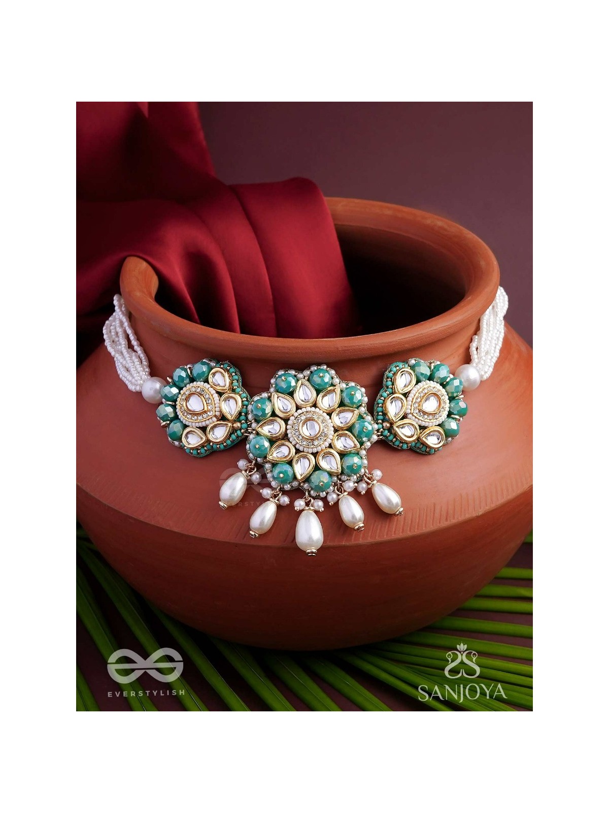 Maugdhya - The Treasured Innocence - Beads, Pearl Drops, Polki And Kundan Finished Hand Embroidered Choker Neckpiece