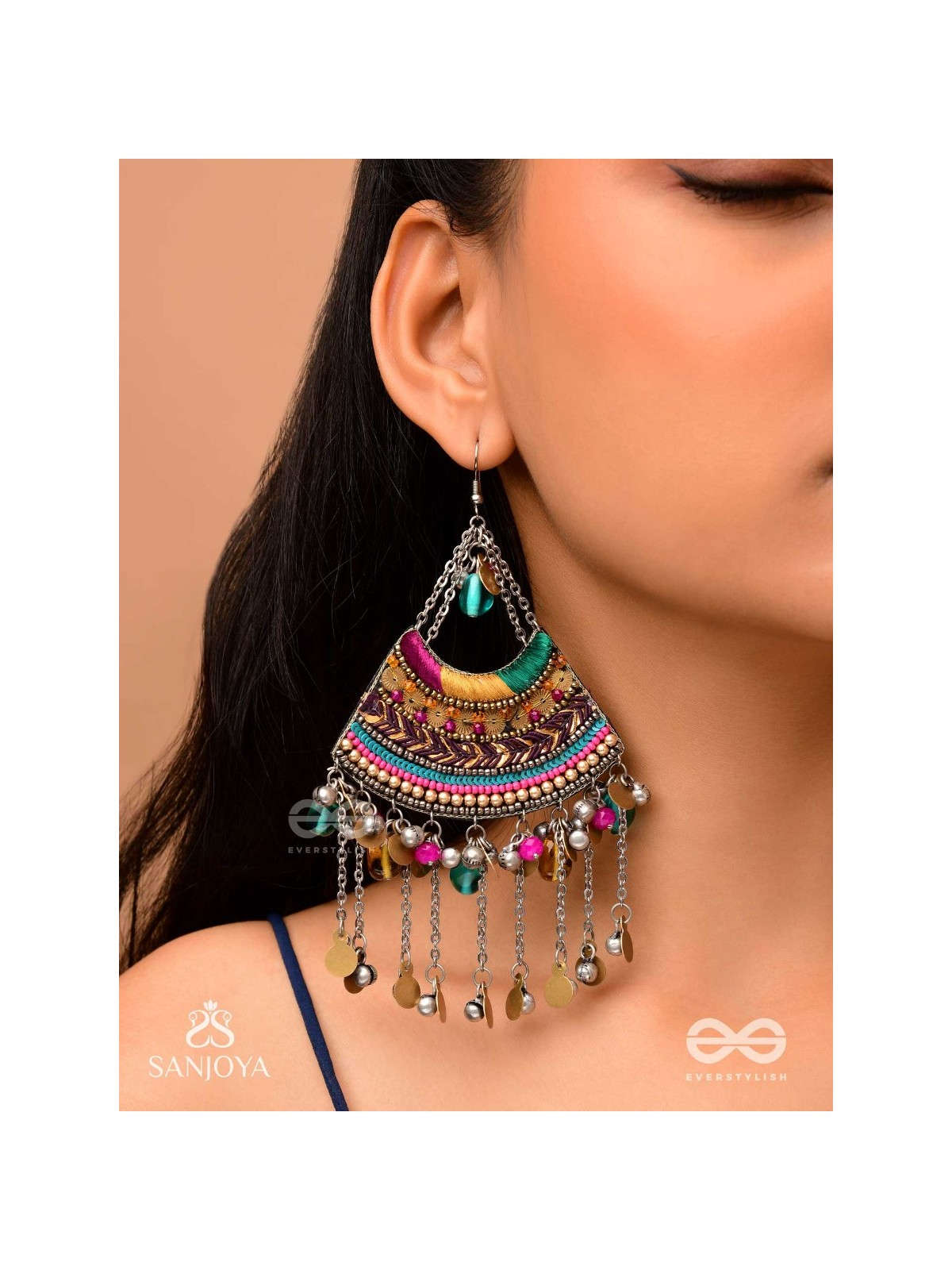 Sthaviram - The Vintage Music - Beads, Resham And Coins Hand Embroidered Earrings