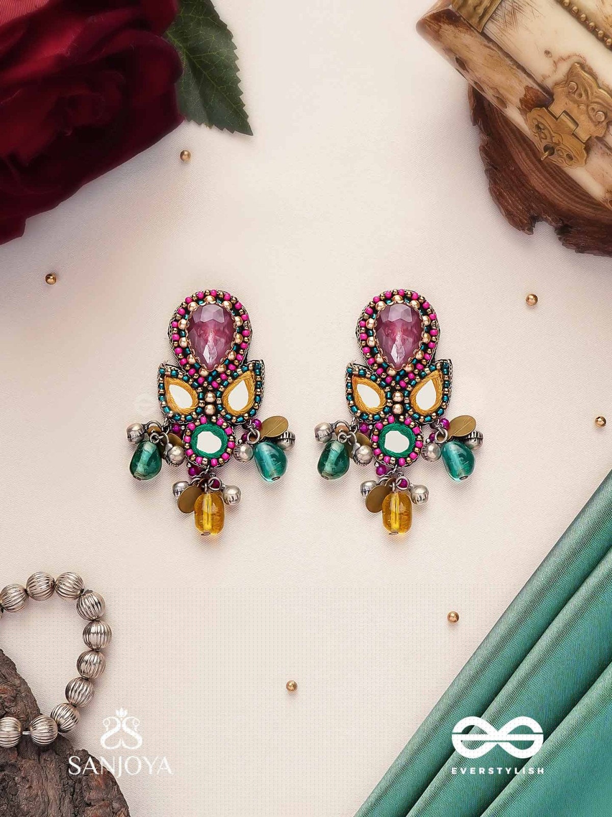 Guhyani - The Mysterious Hues - Stone, Mirrors And Glass Drops Hand Embroidered Earrings