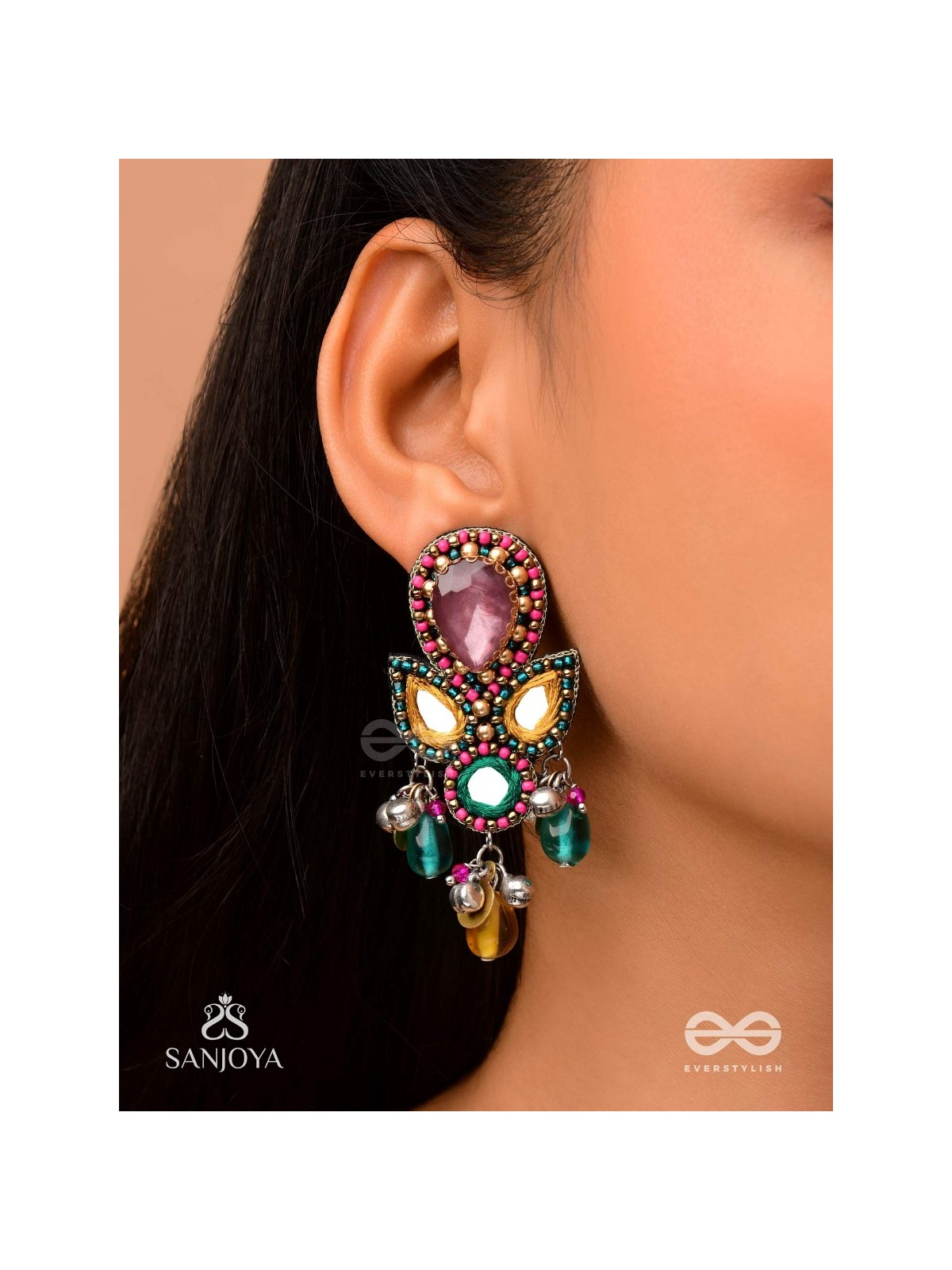 Guhyani - The Mysterious Hues - Stone, Mirrors And Glass Drops Hand Embroidered Earrings