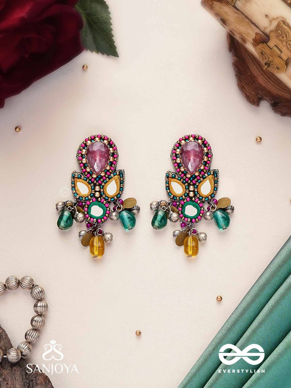 Guhyani - The Mysterious Hues - Stone, Mirrors And Glass Drops Hand Embroidered Earrings