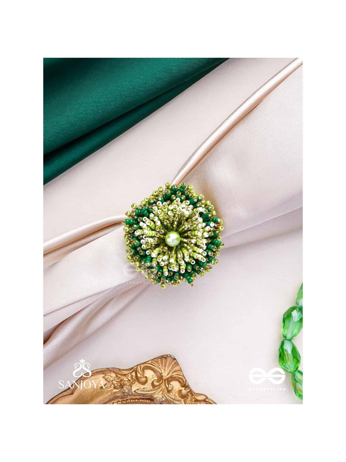 Divyakanan - The Enchanted Grove - Pearl And Beads Hand Embroidered Ring (Adjustable)