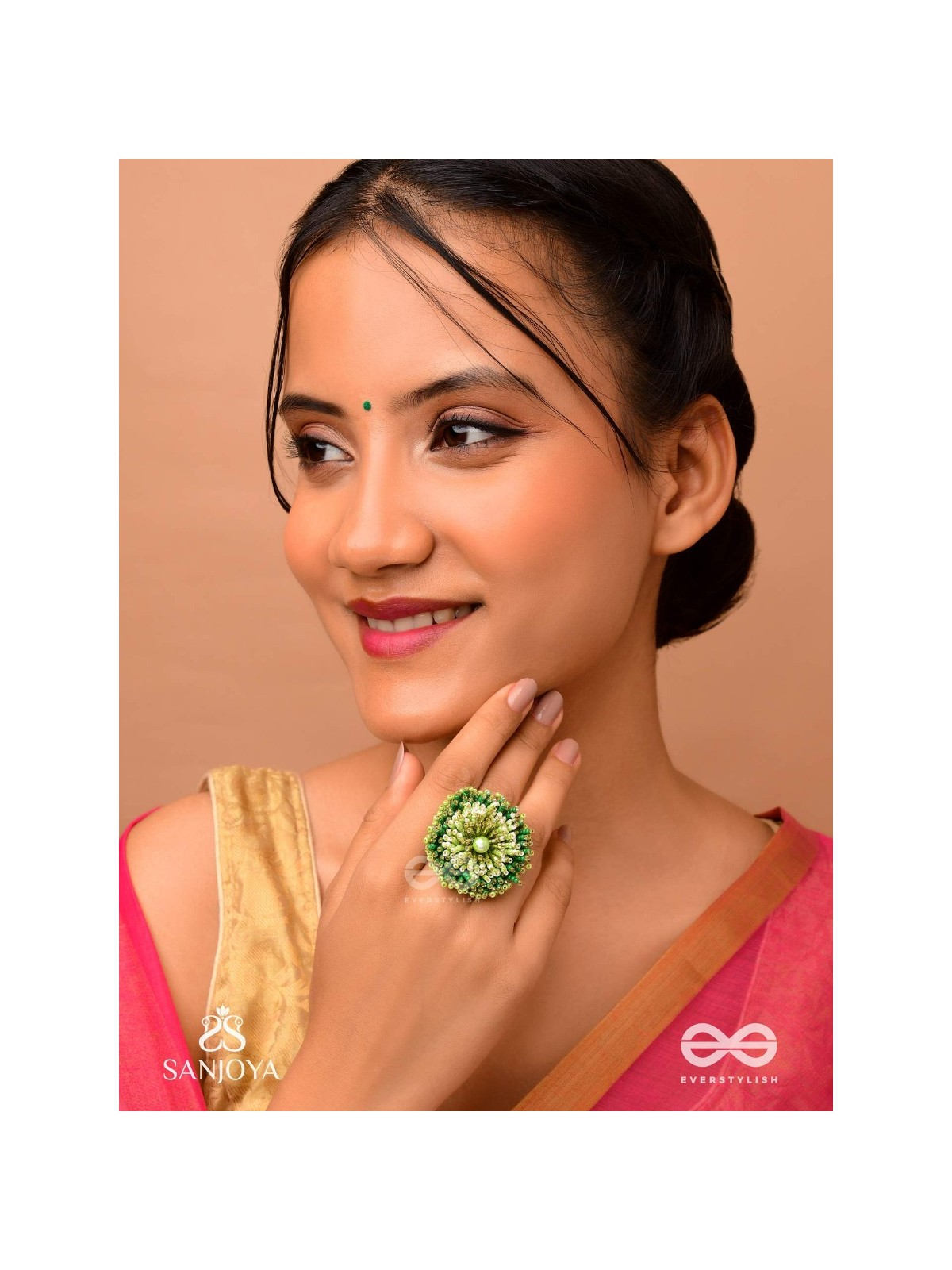 Divyakanan - The Enchanted Grove - Pearl And Beads Hand Embroidered Ring (Adjustable)