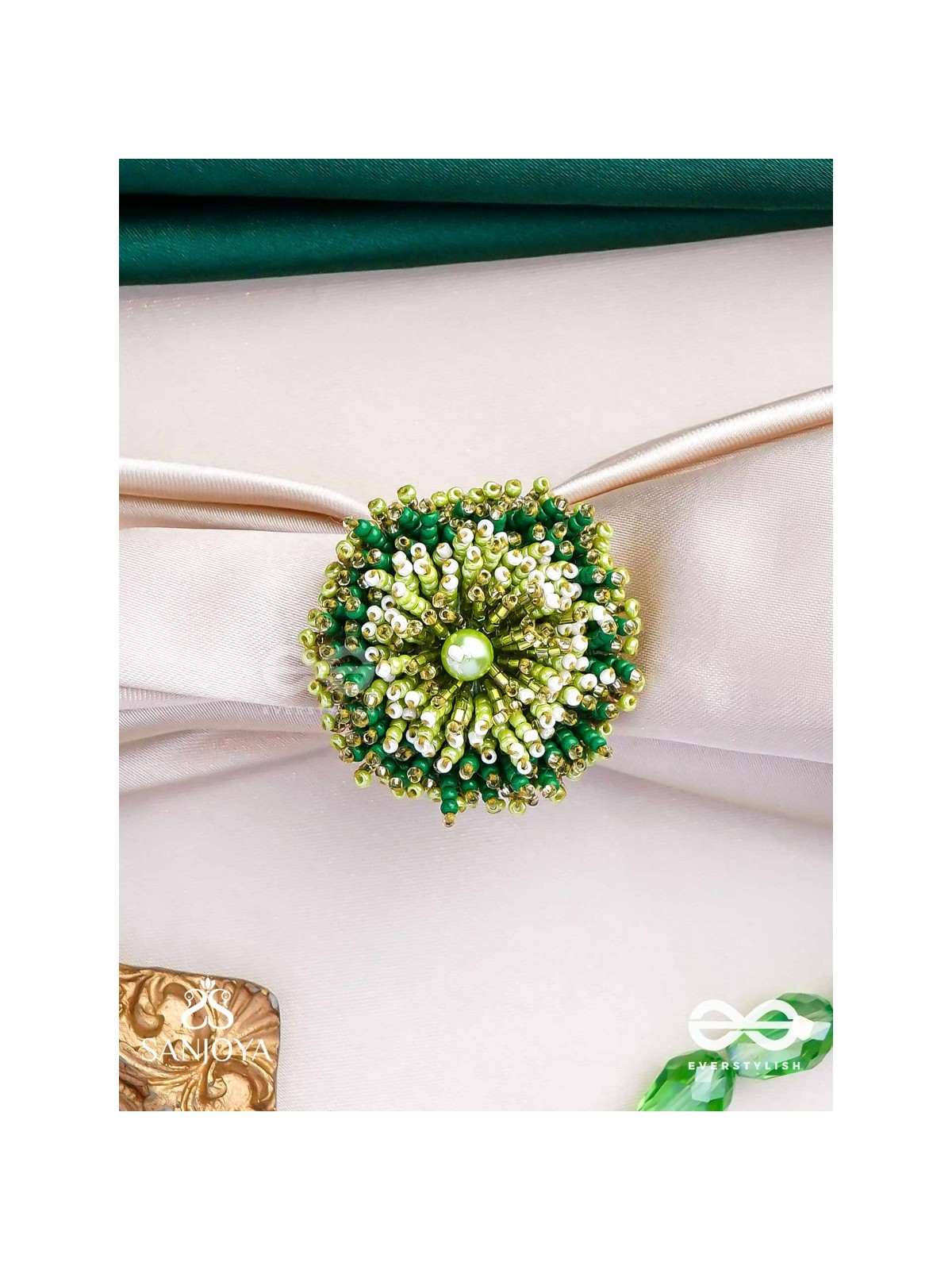 Divyakanan - The Enchanted Grove - Pearl And Beads Hand Embroidered Ring (Adjustable)