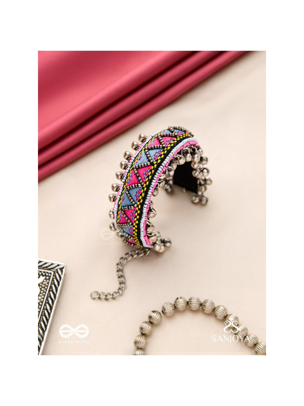 Prashman - The Soothing Landscape - Beads And Resham Hand Embroidered Oxidised Cuff Bracelet