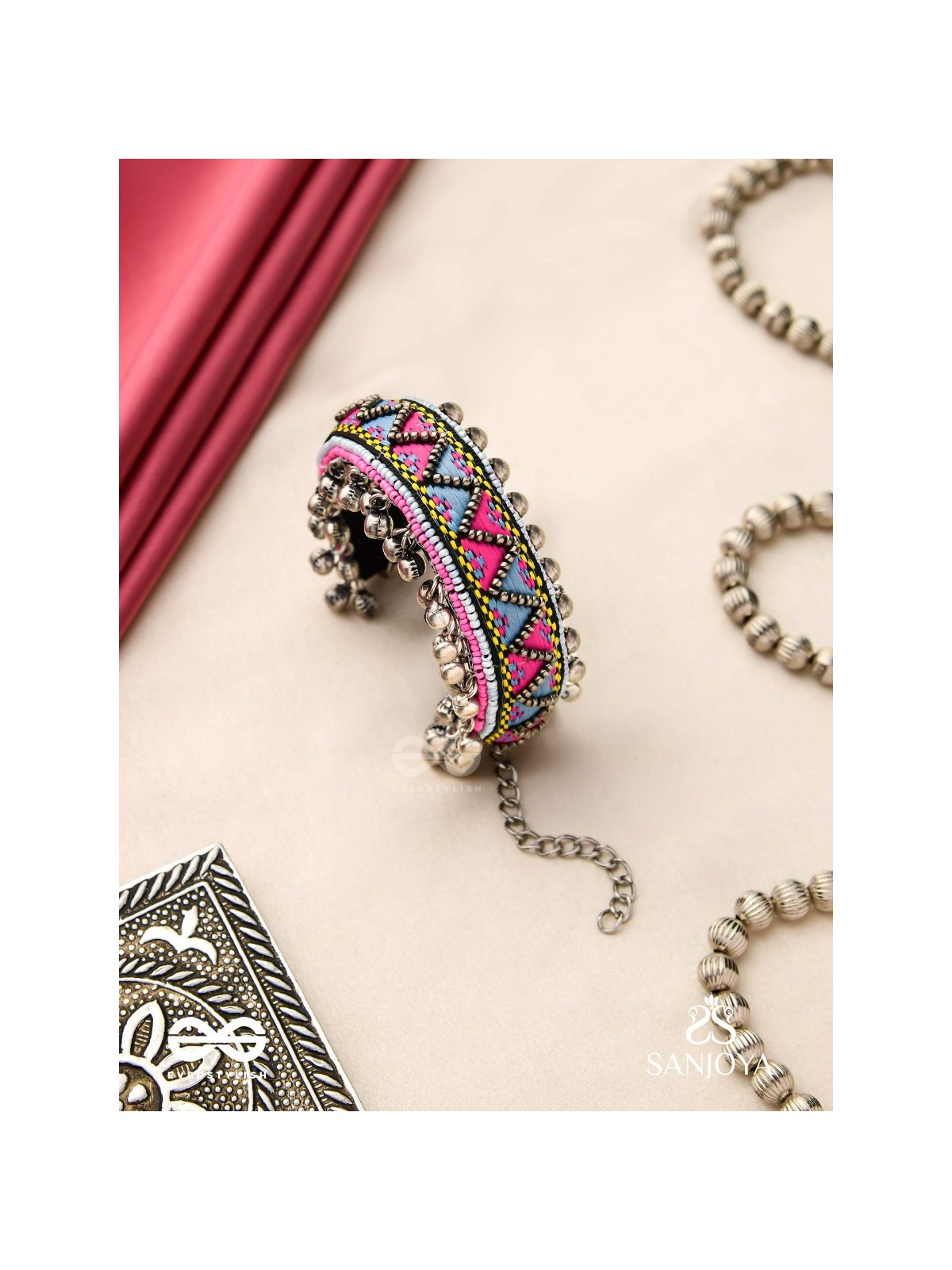 Prashman - The Soothing Landscape - Beads And Resham Hand Embroidered Oxidised Cuff Bracelet