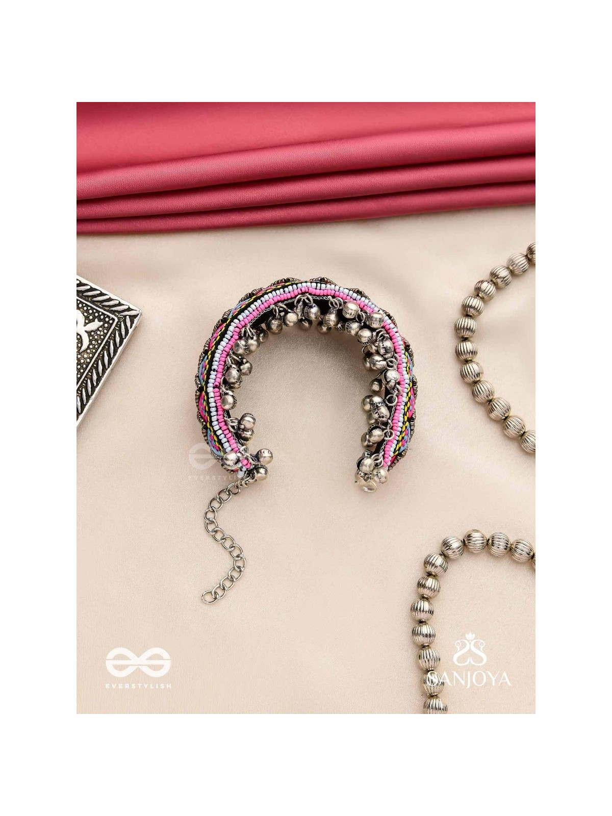 Prashman - The Soothing Landscape - Beads And Resham Hand Embroidered Oxidised Cuff Bracelet