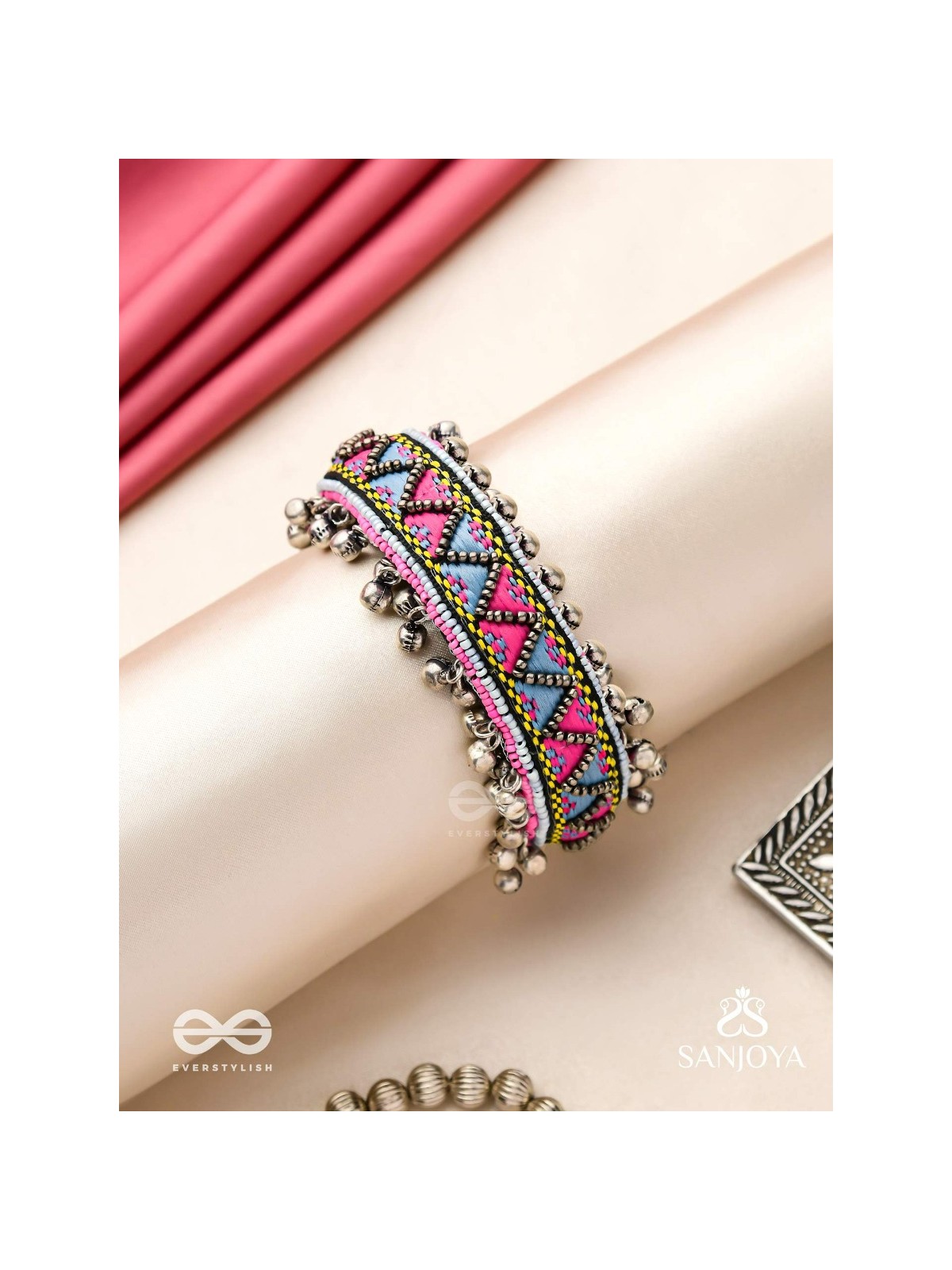 Prashman - The Soothing Landscape - Beads And Resham Hand Embroidered Oxidised Cuff Bracelet