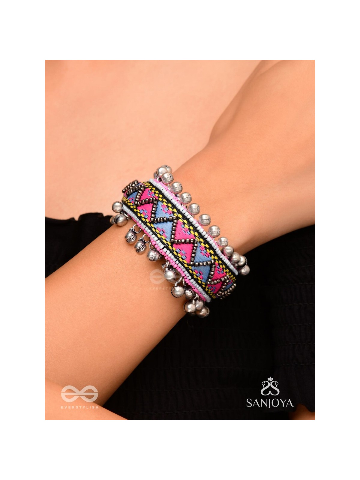 Prashman - The Soothing Landscape - Beads And Resham Hand Embroidered Oxidised Cuff Bracelet