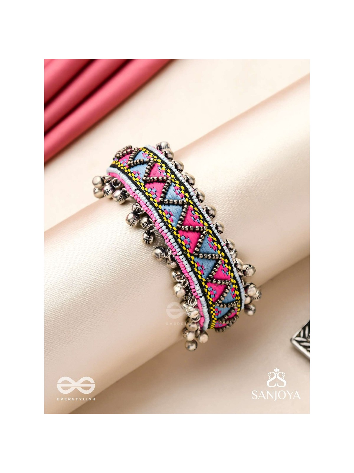 Prashman - The Soothing Landscape - Beads And Resham Hand Embroidered Oxidised Cuff Bracelet