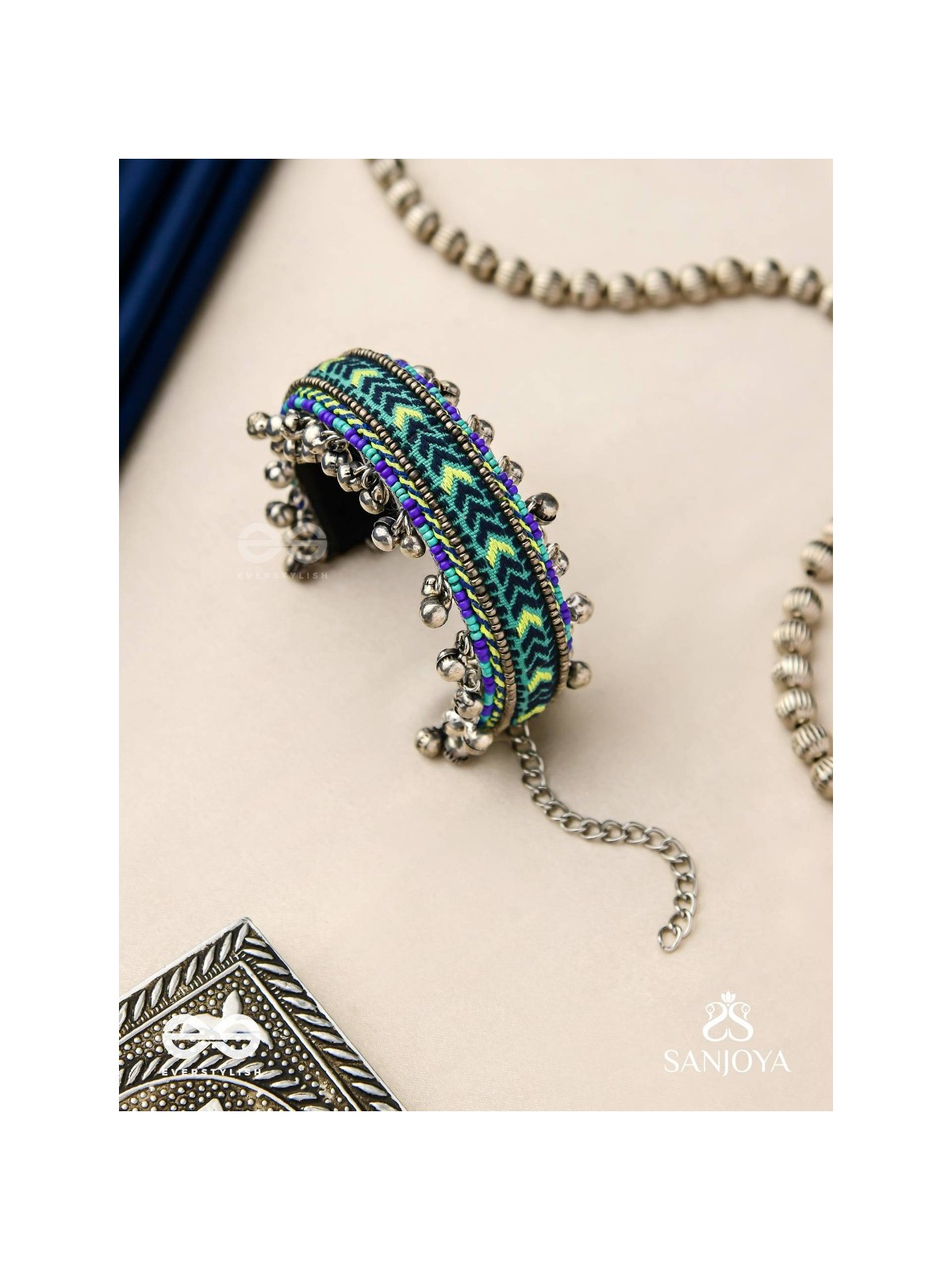 Vedhan - The Oceanic Depths - Resham And Beads Hand Embroidered Oxidised Cuff Bracelet
